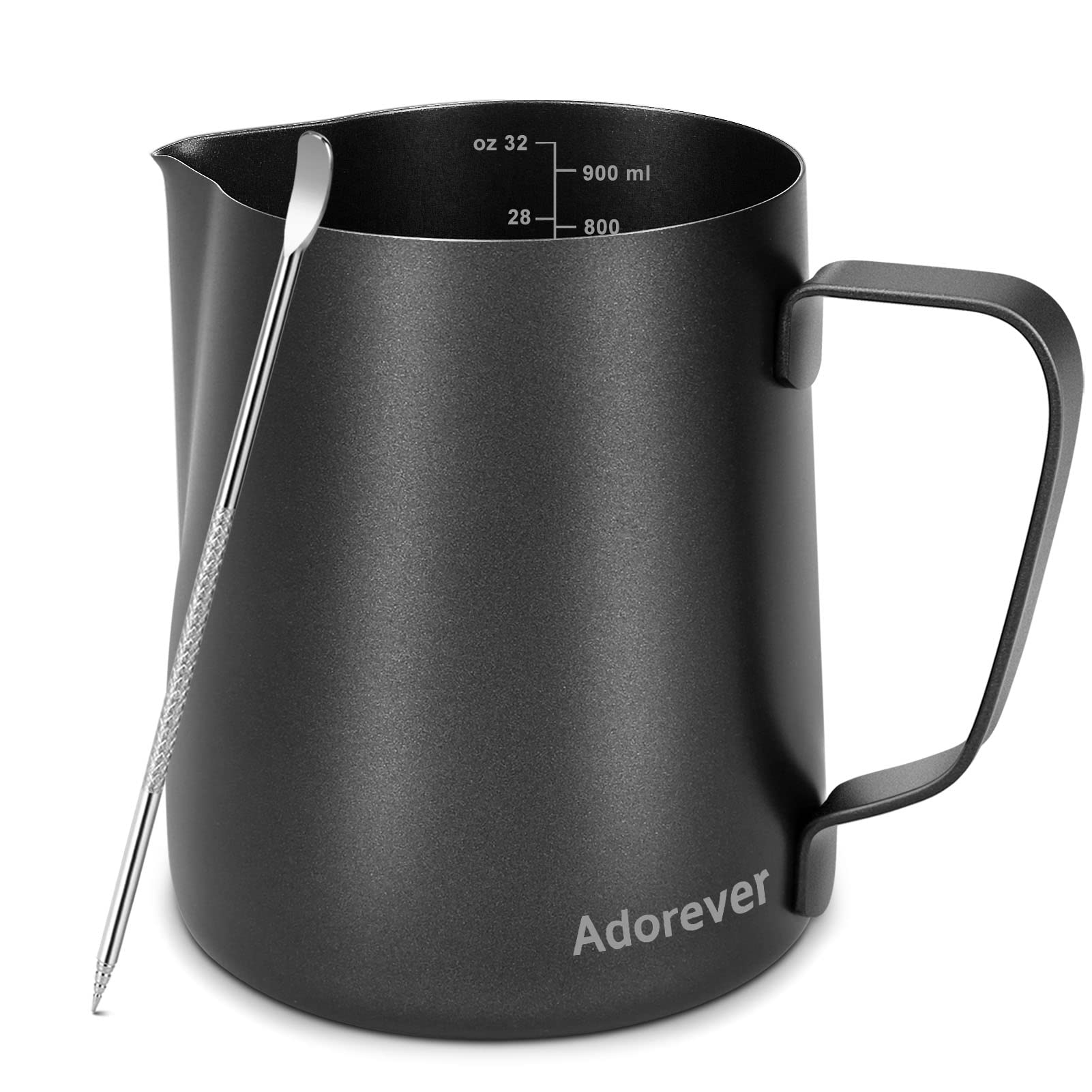 Premium 32oz (900ml) Stainless Steel Milk Frothing Pitcher for Latte Art - Barista-Grade Coffee Steaming Jug with Matte Black Finish & Decorating Pen - Perfect for Home Baristas & Coffee Shops