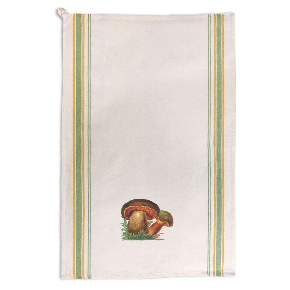 Vintage Mushroom Print Custom Kitchen Towels - Green Stripe Dish Towels for Cooking, Baking & Cleaning - Eco-Friendly Cotton Dishcloths for Home & Restaurant Use