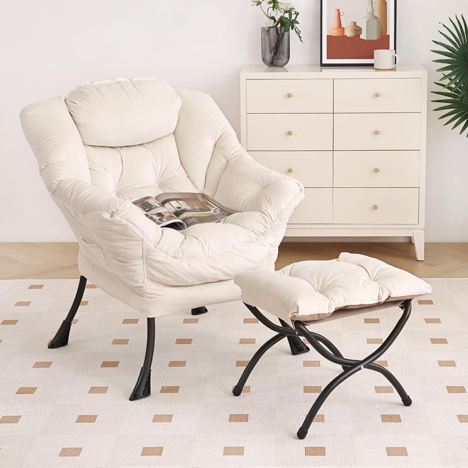 Modern Lazy Chair with Ottoman - Folding Footrest Lounge Accent Chair, Comfortable Oversized Armchair for Reading, Bedroom, Living Room & Study - Perfect for Relaxing, Napping & Home Decor (Beige)