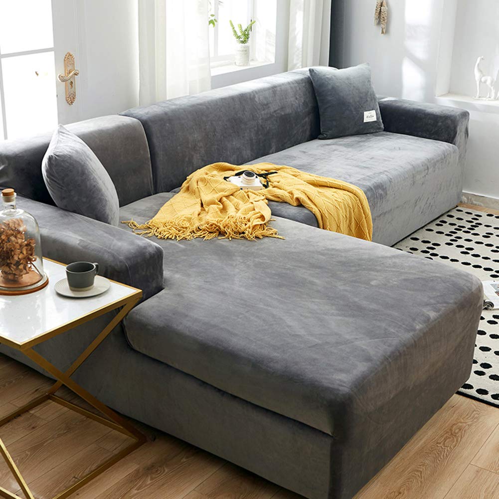 L-Shaped Plush Sectional Sofa Cover - Solid Color Furniture Protector for Pets, Universal Leather Sofa Slipcover (Gray, 4-Seat, 235-300cm) - Perfect for Living Room, Family Room & Pet-Friendly Homes