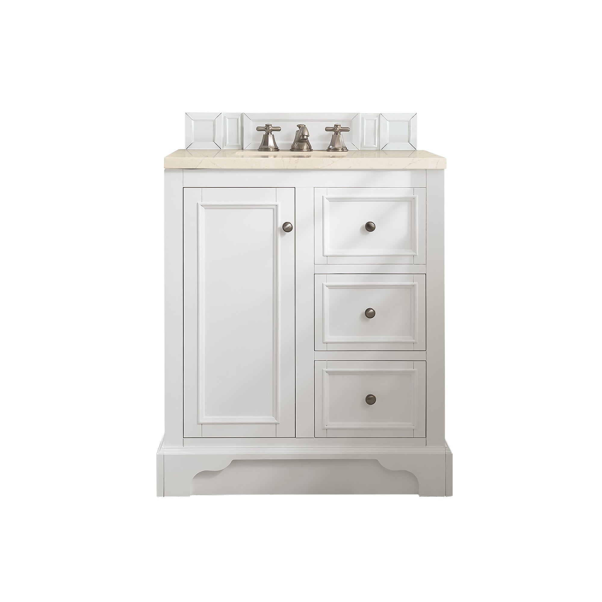 De Soto 30 Inch Single Bathroom Vanity with 3CM Eternal Marfil Quartz Countertop - Bright White Finish for Modern Bathroom & Powder Room Remodeling