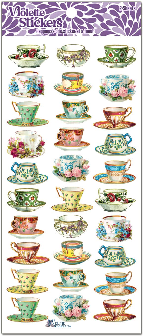 Violette Stickers Mini Teacups Stickers - Waterproof Tea Cup & Coffee Stickers for Kids, 2 Sheets - Perfect for Scrapbooking, DIY Crafts, and Laptop Decoration