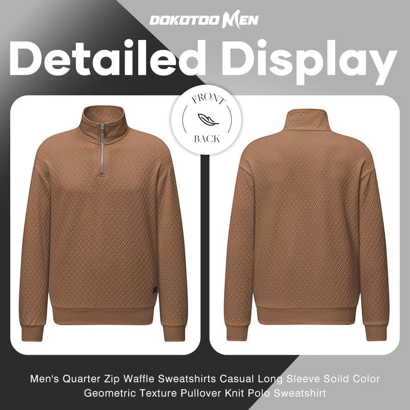 Men's Quarter Zip Sweatshirt - Casual Mock Neck Pullover with Geometric Waffle Texture | Long Sleeve Solid Color Sweater for Work, Outdoor & Lounge Wear