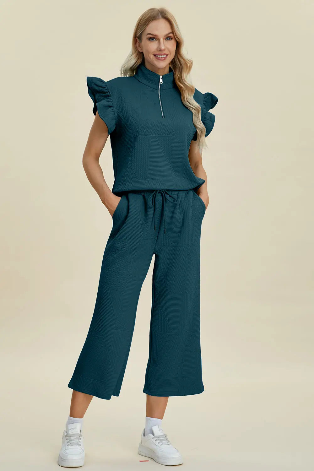 Double Take Women's Full Size Textured Ruffle Short Sleeve Top & Wide Leg Pants Set | Casual Outfit for Summer, Beach, Date Night & Office Wear