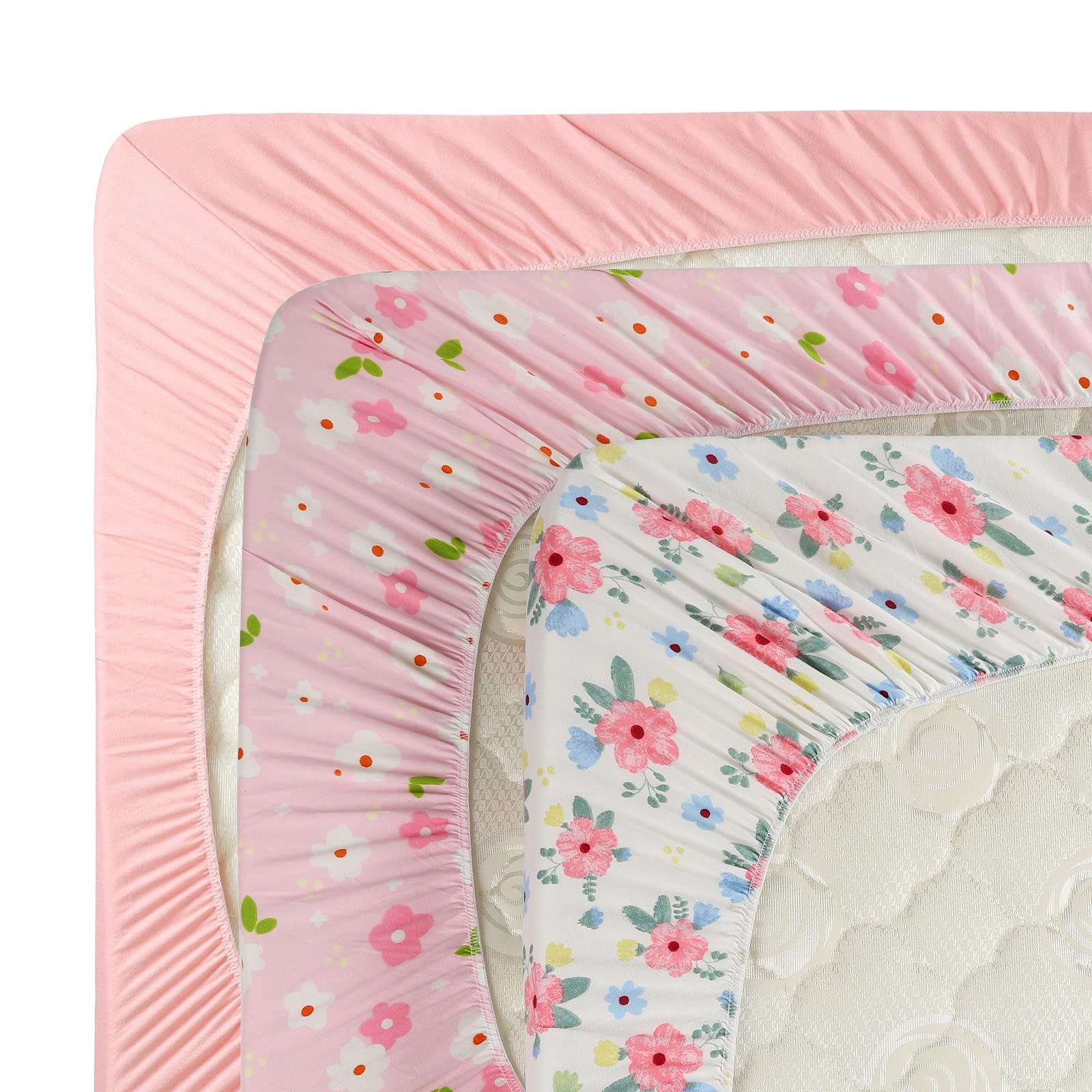 3 Pack Stretchy Jersey Knitted Fitted Pack n Play Sheets for Baby Girls - Soft Portable Mini Crib & Playard Mattress Cover, Pink Floral - Perfect for Nursery, Travel & Daycare Use