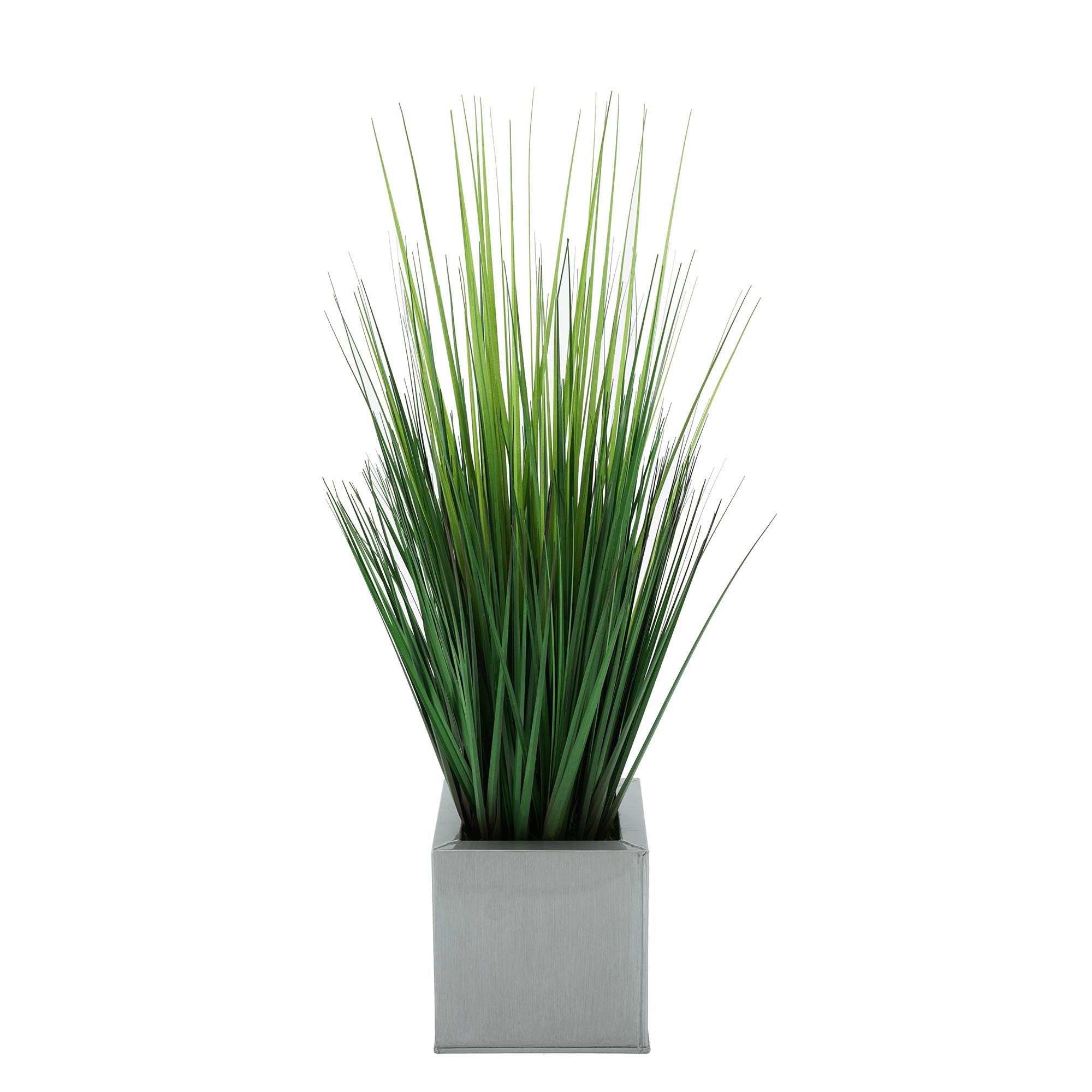 Premium Artificial Grass in Silver Zinc Cube Planter - Modern Faux Grass Decor for Home, Office & Outdoor Spaces