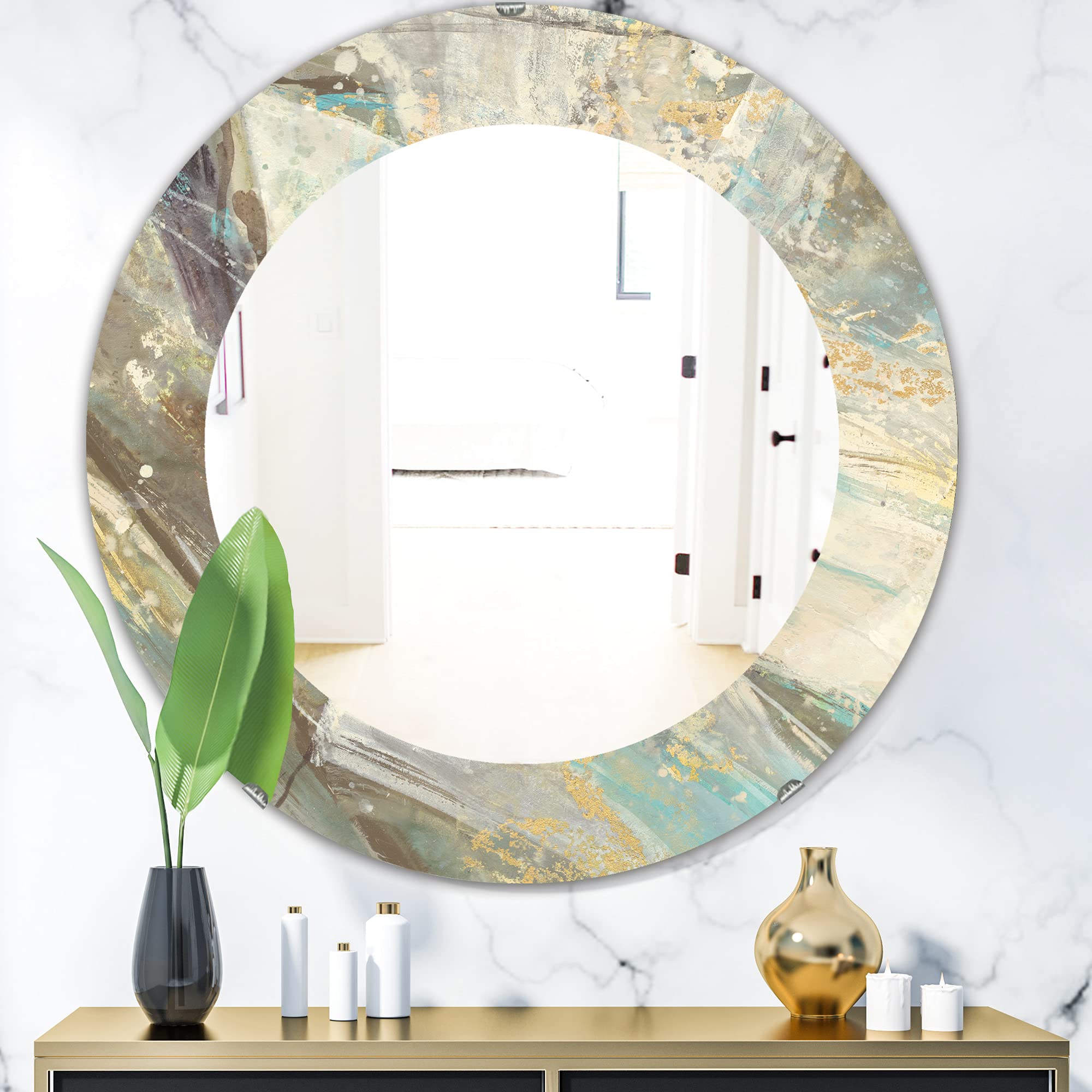 Designart 'Blue Geometric Water' Modern Framed Wall Mirror - Large 32x32 Inch Oval or Round Decorative Mirror in Beige - Perfect for Living Room, Bedroom & Office Décor
