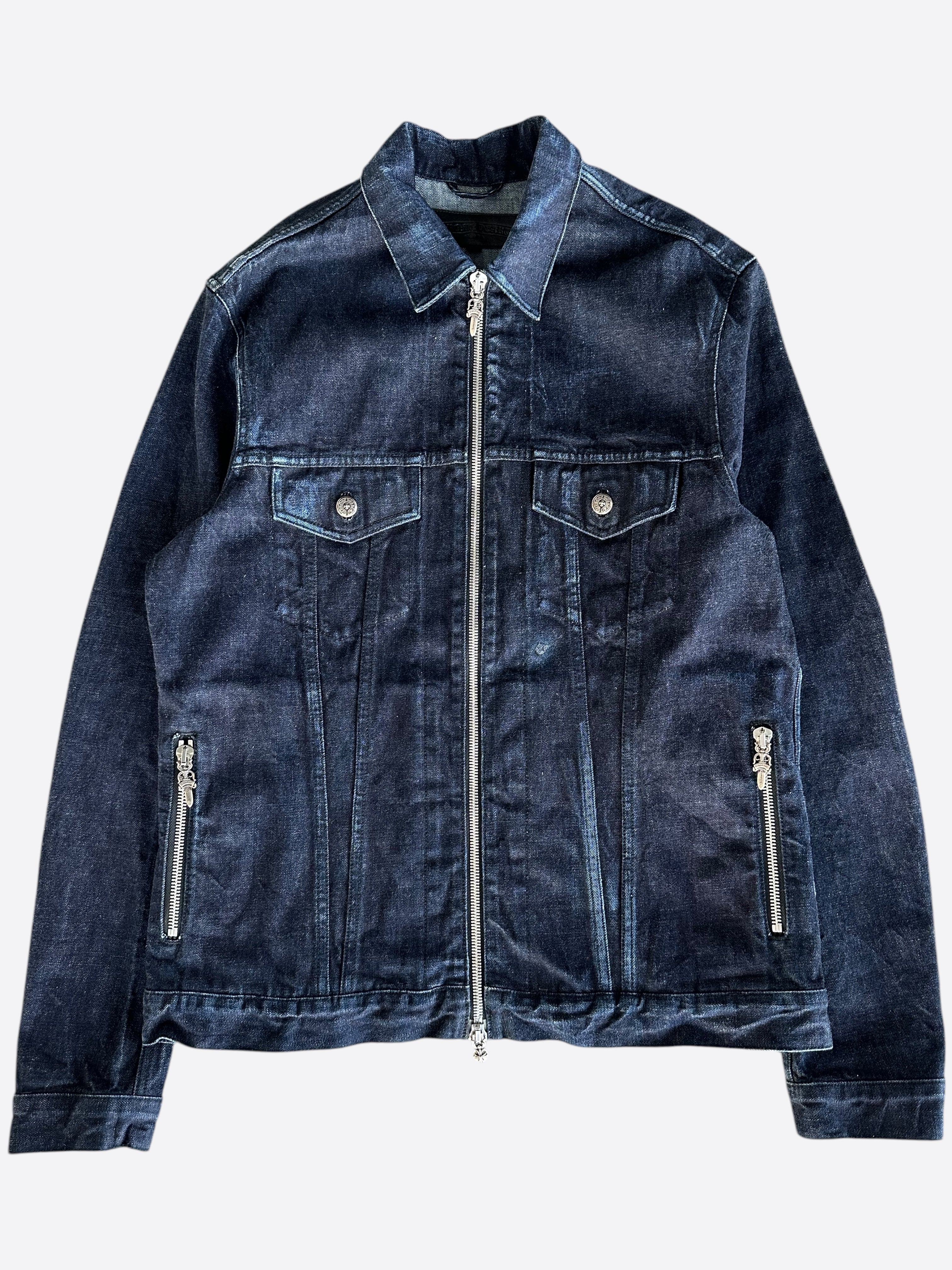 Chrome Hearts Dark Blue Fleur Denim Jacket for Men & Women | Vintage Distressed Denim Coat | Perfect for Casual Wear, Street Style & Night Out