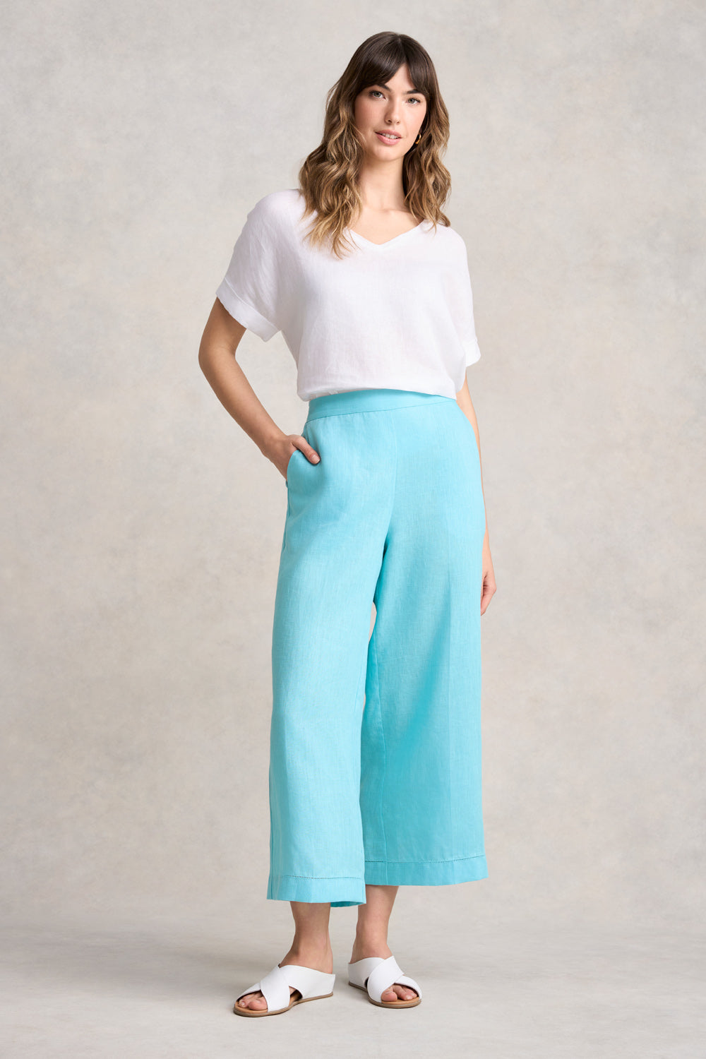 7/8th Wide Leg Linen Pants for Women - Blue Lake Color | Comfortable Summer Casual Trousers | Perfect for Beach, Vacation & Boho Style Outfits