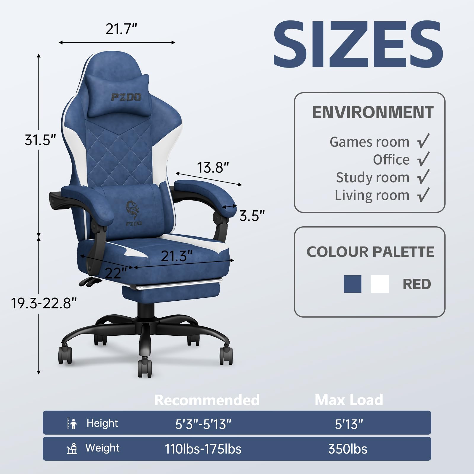 Ergonomic Gaming Chair for Adults & Teens - High Back Fabric PC Gaming Chair with Adjustable Footrest, Wide Cushion & Recliner - Supports 300LBS - Blue - Perfect for Esports, Streaming & Home Office Setup