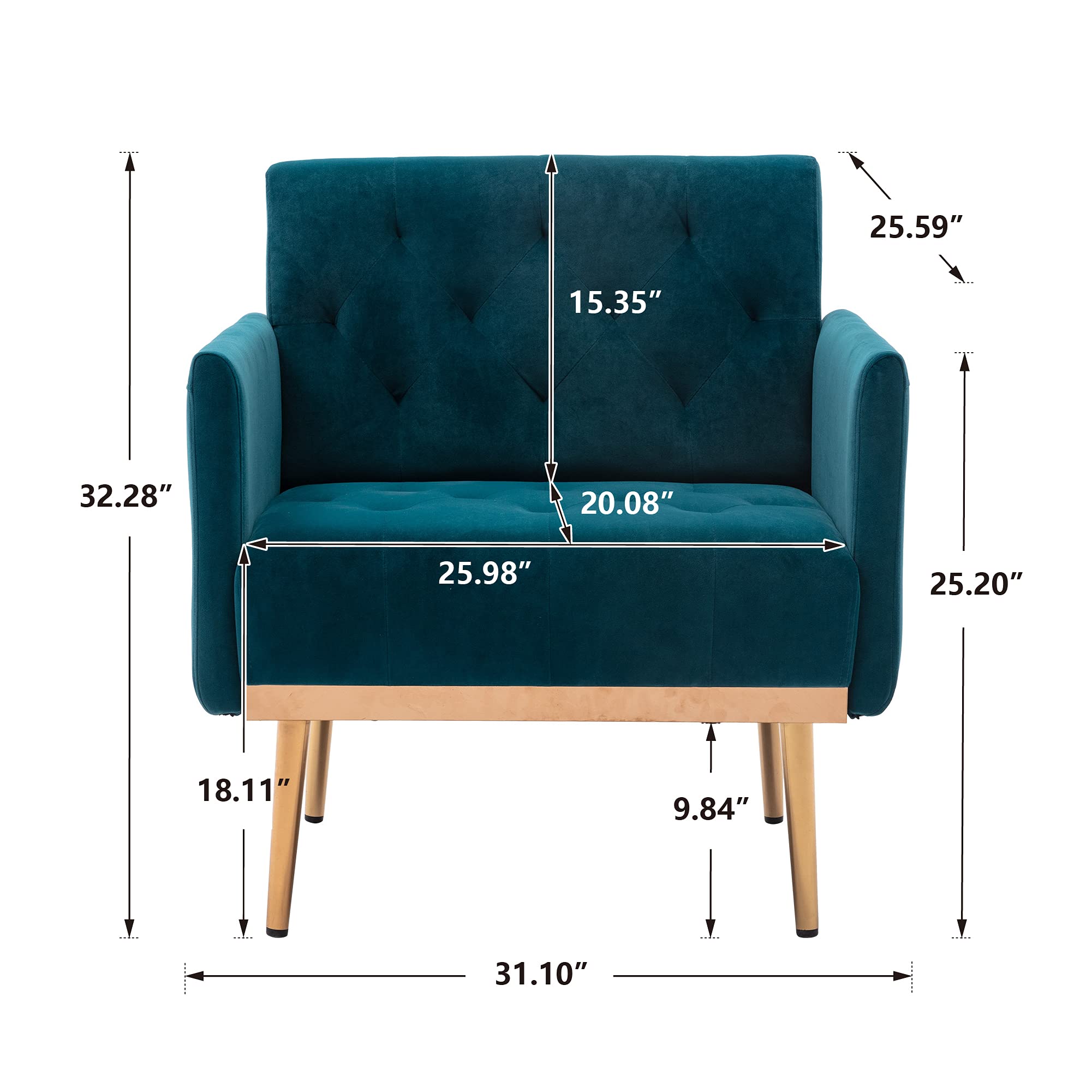 Luxury Velvet Accent Chair - Modern Tufted Upholstered Armchair for Living Room, Bedroom & Lounge - Comfy Single Sofa Chair with Wide Throne Design - Perfect for Reading, Relaxing & Home Decor (Teal Blue)