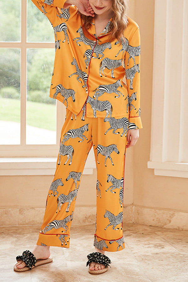 Yellow Zebra Print Long Sleeve Two-Piece Pajama Set - Cozy Loungewear for Women, Soft Sleepwear & Home Outfit for Relaxing Evenings