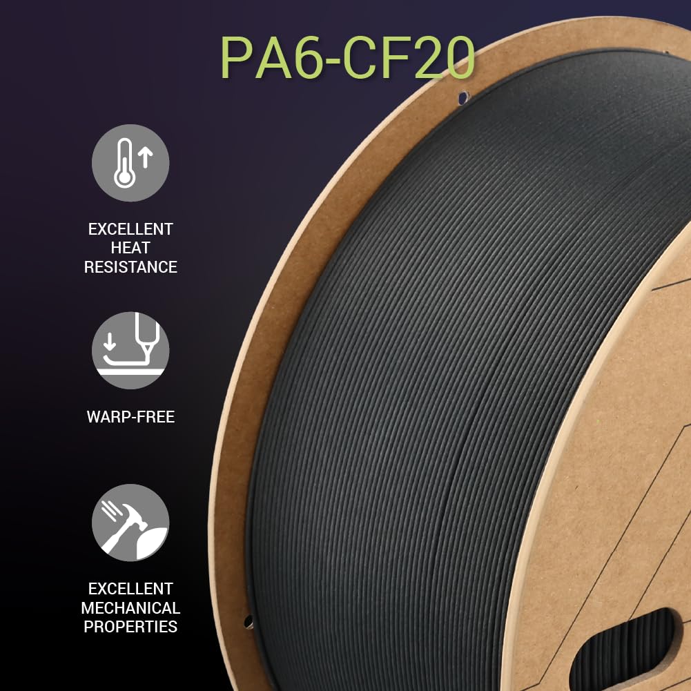 Polymaker Fiberon PA6-CF20 Carbon Fiber Reinforced Nylon 3D Printing Filament - 1.75mm, 3kg Spool, Black | High-Strength, Warp-Free Material for Functional Prototypes, Automotive Parts & Industrial Applications