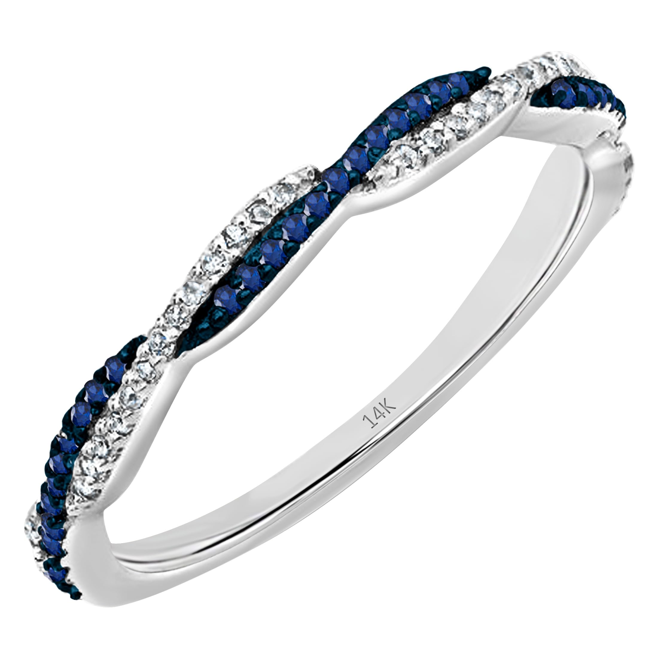 14K Solid Gold Round Blue Sapphire & White Diamond Swirl Stackable Ring for Women | Elegant Wedding, Anniversary & Party Jewelry Gift | Dazzlingrock Collection