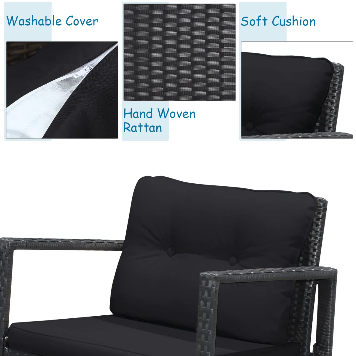 Tangkula 3-Piece Outdoor Wicker Rocking Bistro Set with Cushioned Seats, Glass Coffee Table & Storage Shelf - Black Patio Furniture for Garden, Porch or Backyard Relaxation