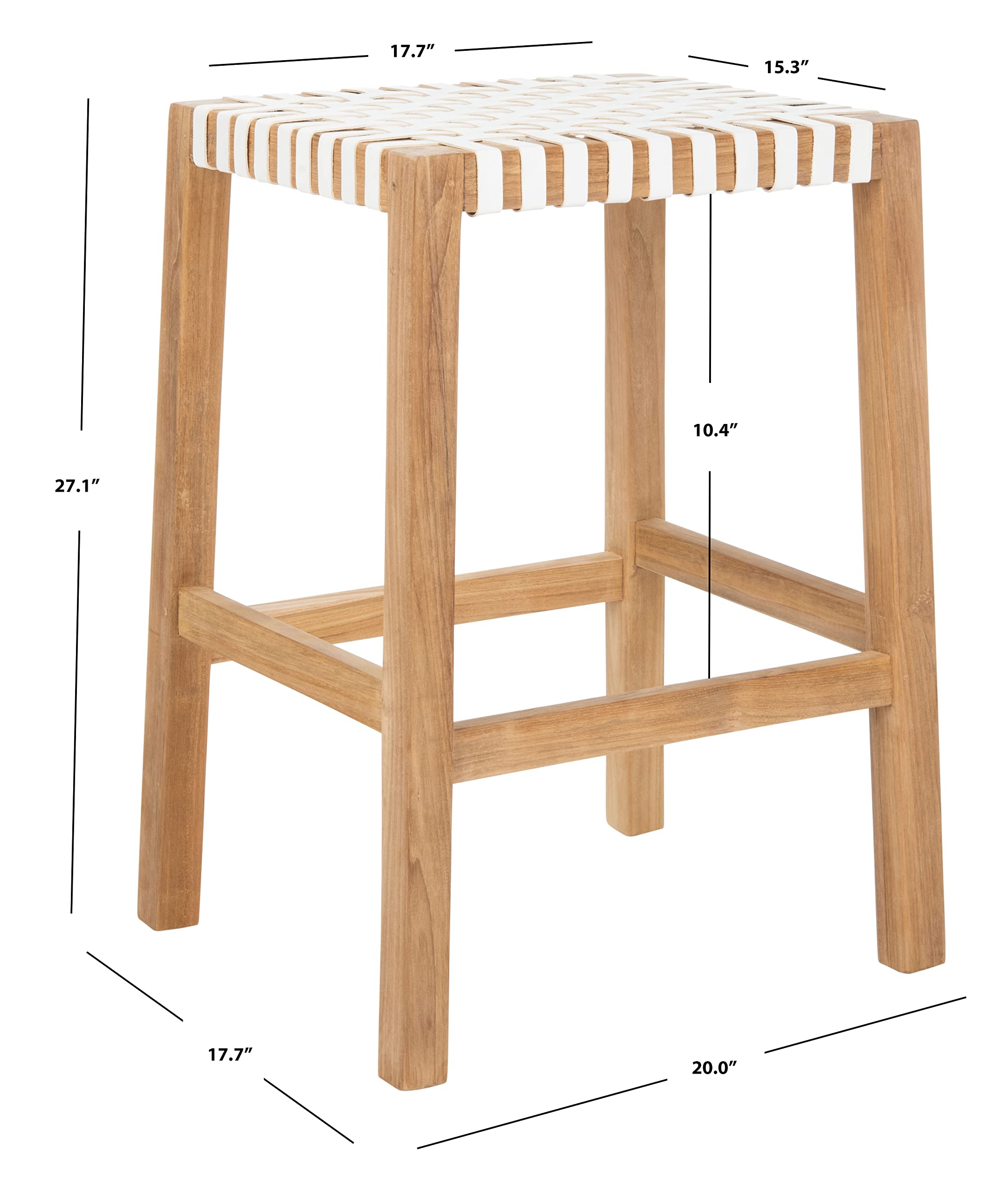 SAFAVIEH Capri Natural Teak & White Leather 27-inch Bar Stool - Modern Kitchen Counter Stool for Dining Room, Breakfast Nook & Home Bar Decor