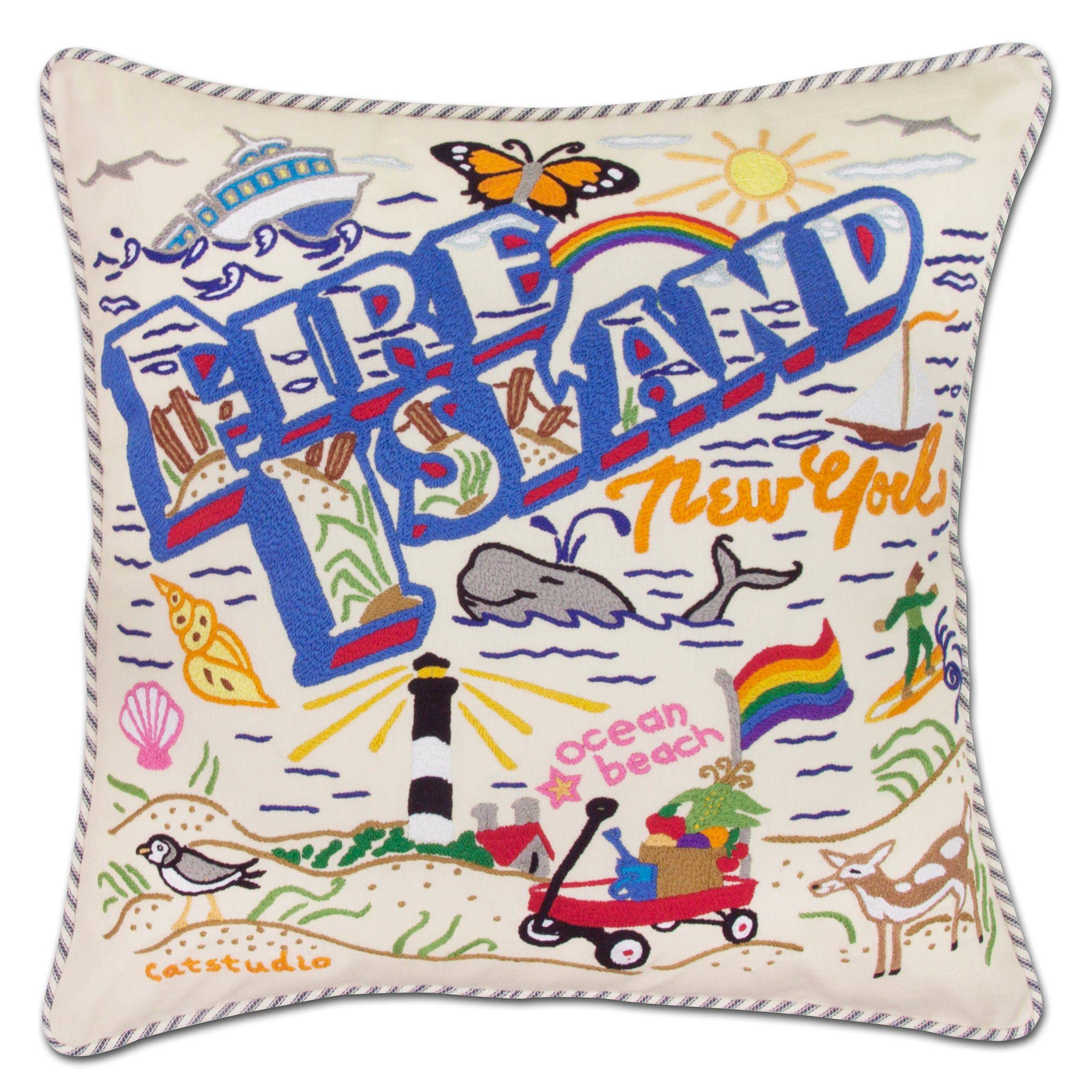 Catstudio Fire Island Embroidered Decorative Throw Pillow - Soft Cotton Home Decor Cushion for Sofa, Bed & Living Room