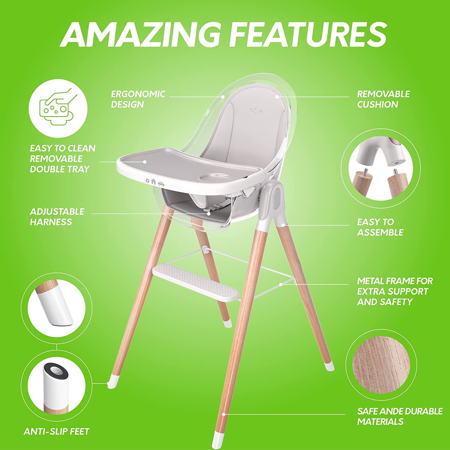 Premium Deluxe High Chair for Babies & Toddlers with Removable Cushion - Adjustable Height & Easy Clean for Dining, Feeding & Playtime