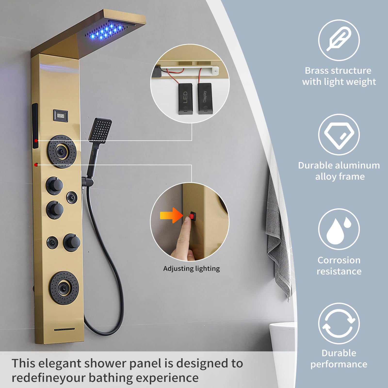 Brushed Gold LED Rainfall Shower Panel System - 6-Function Body Massage Shower Tower with Temperature Display | Wall Mount Bathroom Fixture for Luxurious Spa Experience