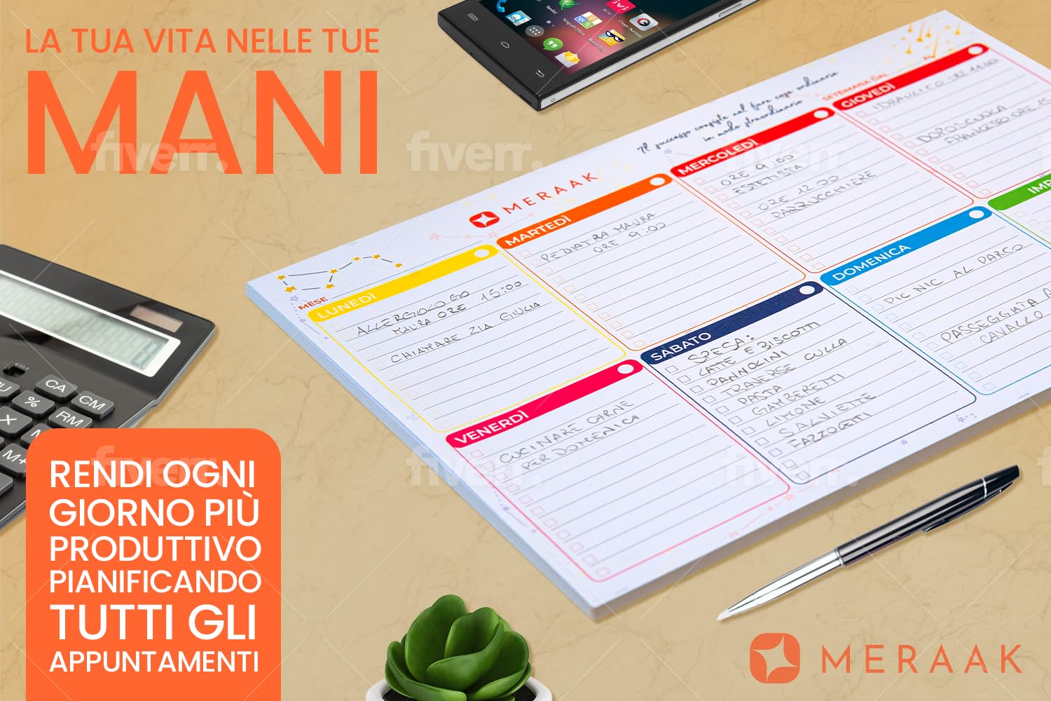 MERAAK Weekly Desk Planner A4, 50 Weeks in Italian - 2025 Sticky Desktop Calendar for Office, School & Home Organization | Perfect for Planning, Productivity & Time Management