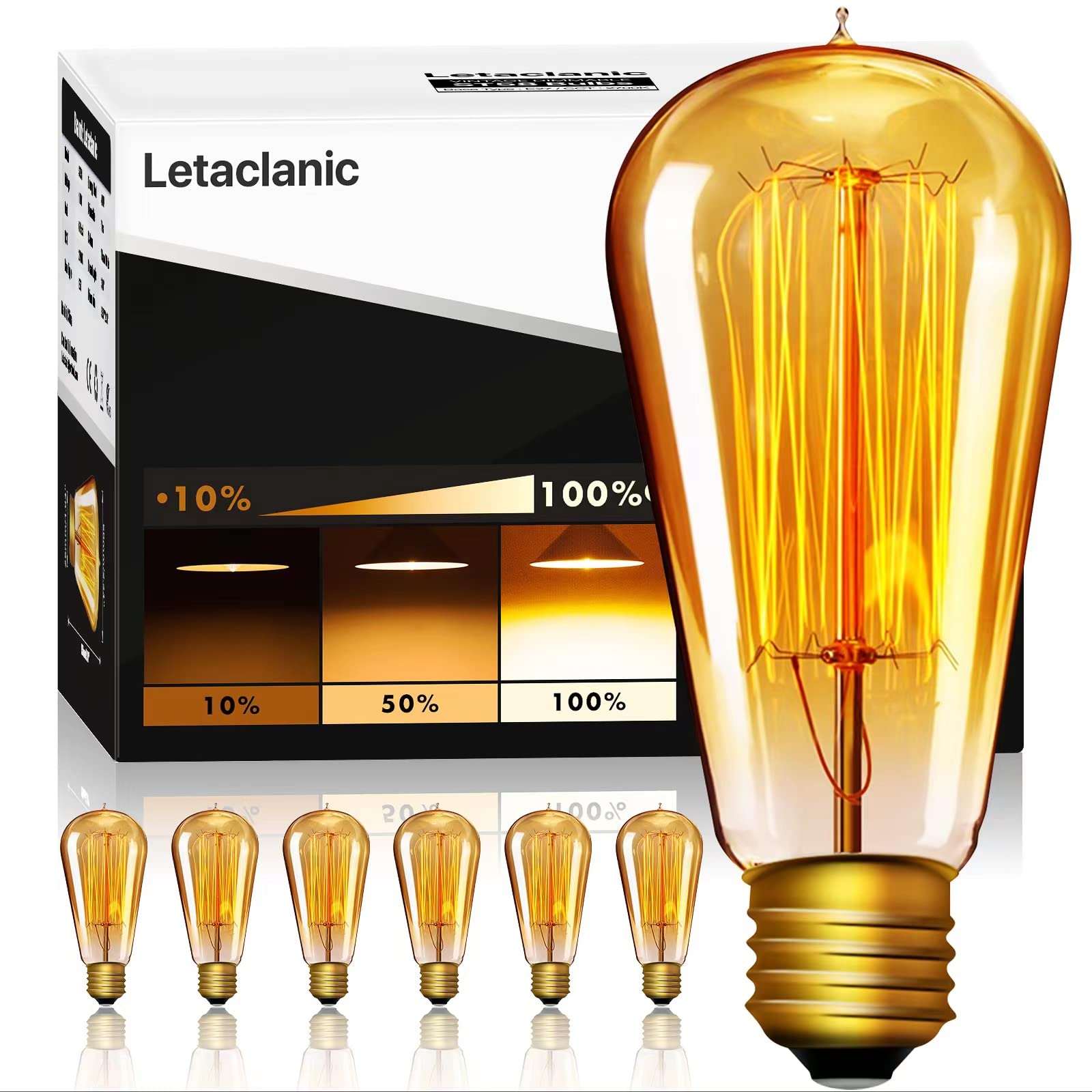 Letaclanic 6 Pack E26 Dimmable Edison LED Bulbs - 40W Equivalent, 2700K Warm White Amber Light, Vintage ST58 Tear Drop Filament Bulbs for Chandeliers, Pendant Lights, Restaurants & Home Decor