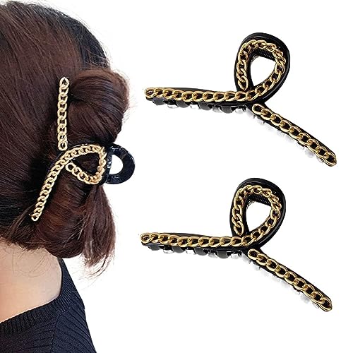 Beera Gold Hair Claw Clips with Chain - Large Jaw Hair Barrettes for Women & Girls - 2 Pack - Perfect for Updos, Ponytails & Everyday Hairstyles