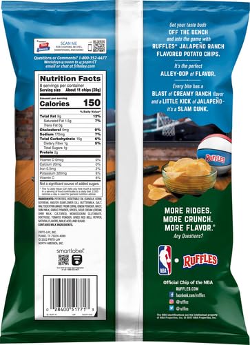 Ruffles Jalapeno Ranch Flavored Potato Chips - Crunchy Snacks, 8 Oz Bag - Perfect for Parties, Movie Nights & On-the-Go Snacking