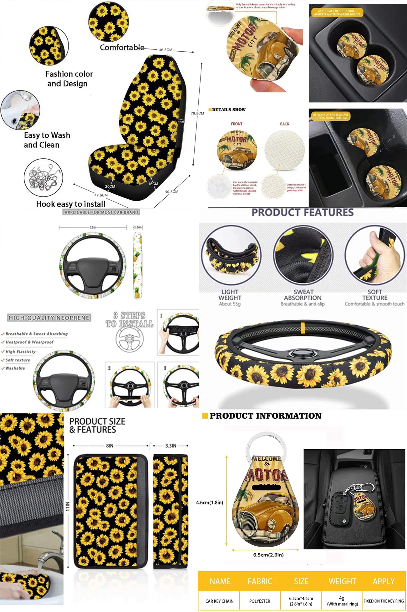 YoungerBaby Granite Texture Print Car Seat Covers Full Set - Universal Fit for Cars, SUVs & Trucks - Steering Wheel Cover, Cup Coasters, Keychain & Seatbelt Pads Included - Durable Interior Accessories for Women & Men - Perfect for Road Trips, Commuting & Family Travel