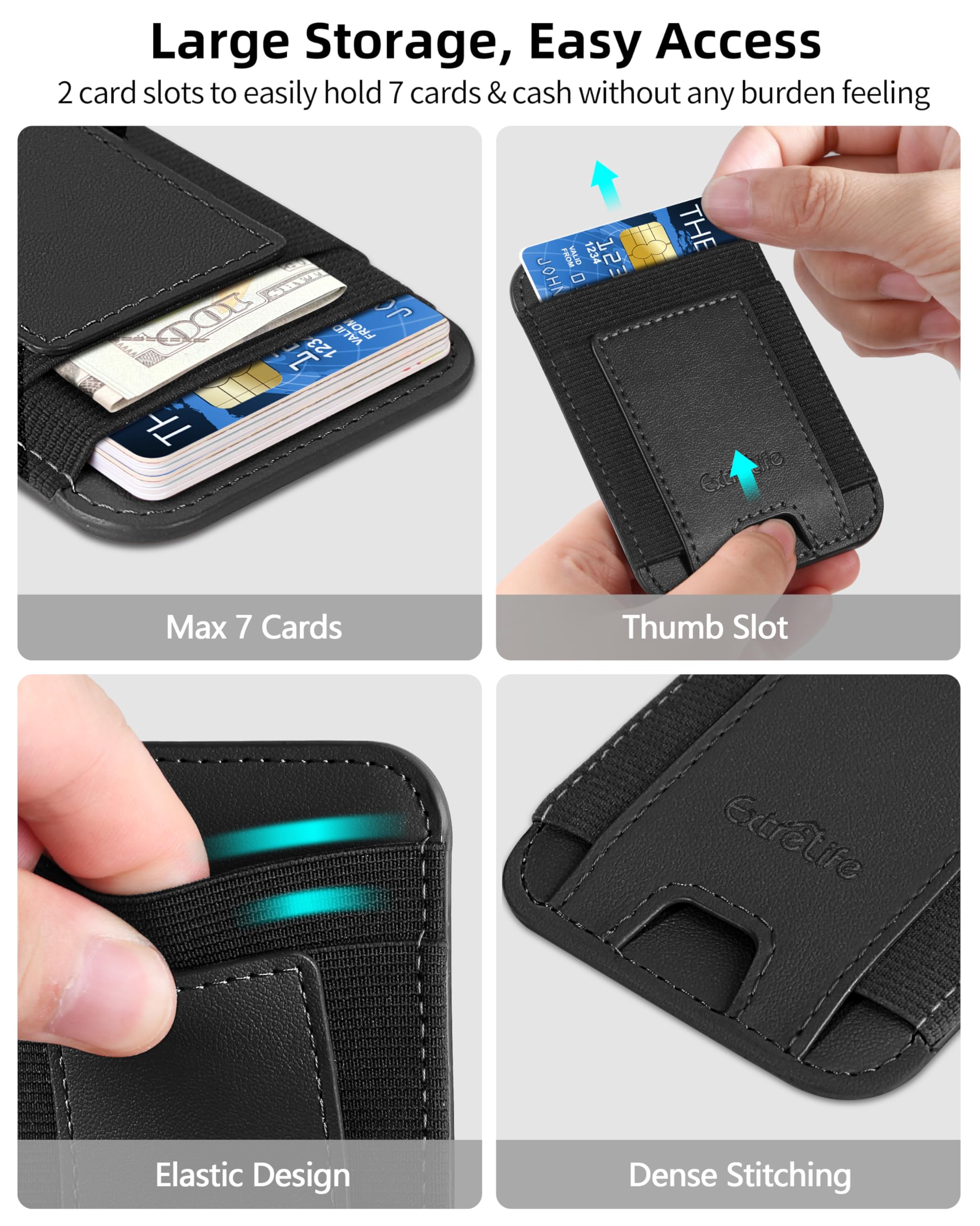 Premium Leather Phone Card Holder with Strong Adhesive - RFID Blocking Wallet Sticker for iPhone, Samsung & Android - Holds 7 Credit Cards (Black) - Perfect for Travel, Shopping & Everyday Convenience