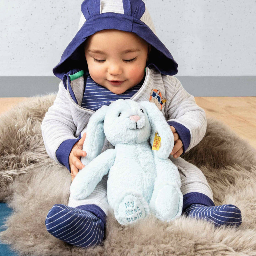 Steiff My First Steiff Hoppie Blue Rabbit Plush Toy - Perfect Baby Shower Gift & Nursery Decor for Newborns
