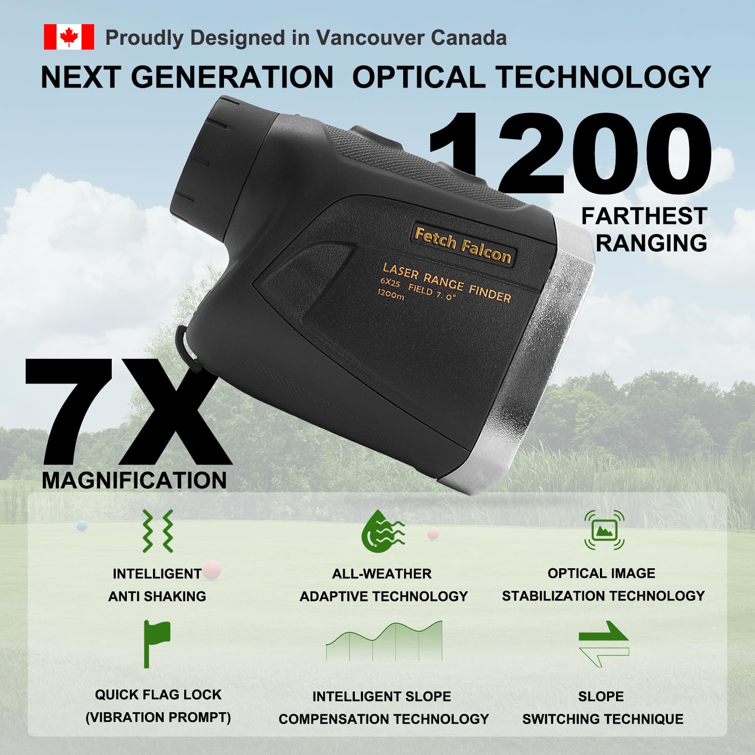 Fetch Falcon OLED Laser Golf Range Finder - 3rd Gen, 6X Magnification, High Precision Slope Mode with Scan, Flag Lock Vibration, 1000 Yard LCD Display (Black) | Perfect for Tournament Play & Course Navigation