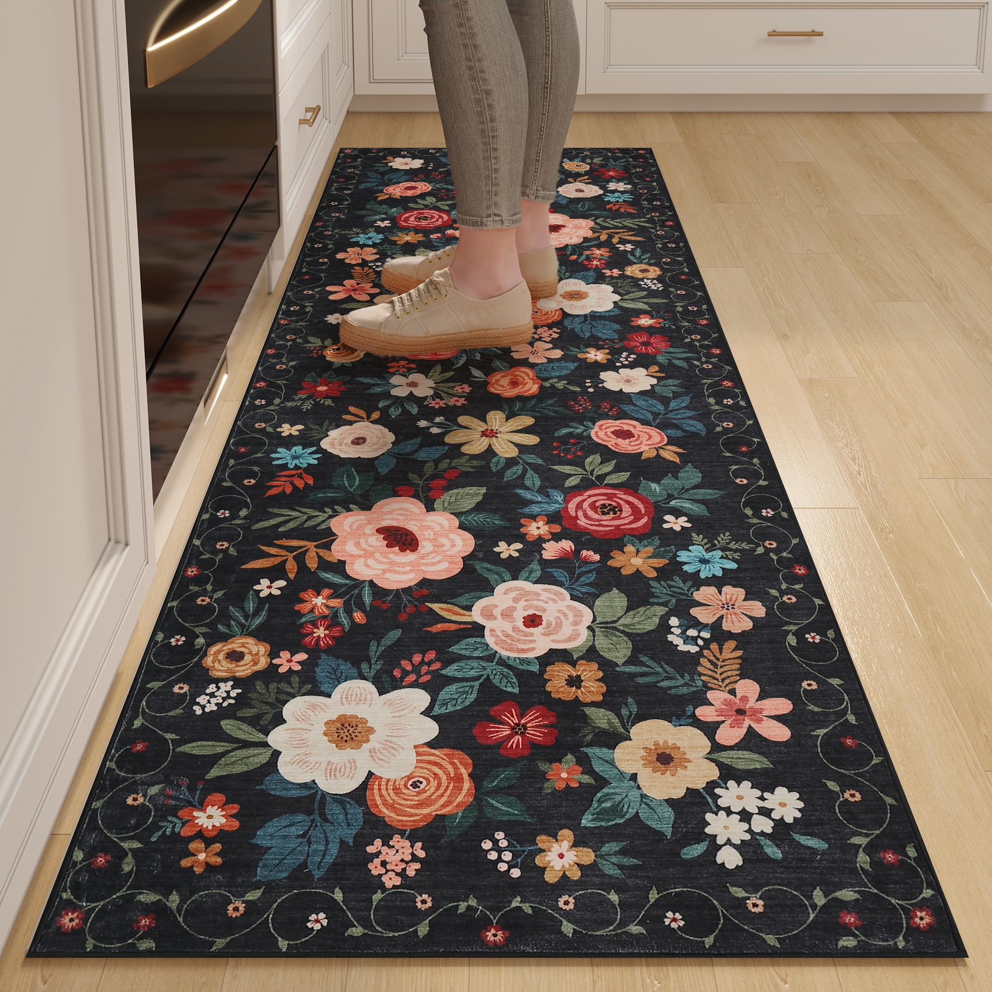 DUKINO 2x6 Washable Non-Slip Runner Rug - Soft Low Pile Boho Floral Carpet for Kitchen, Hallway, Entryway, Laundry & Bedroom (Black) | Perfect for High Traffic Areas & Home Decor