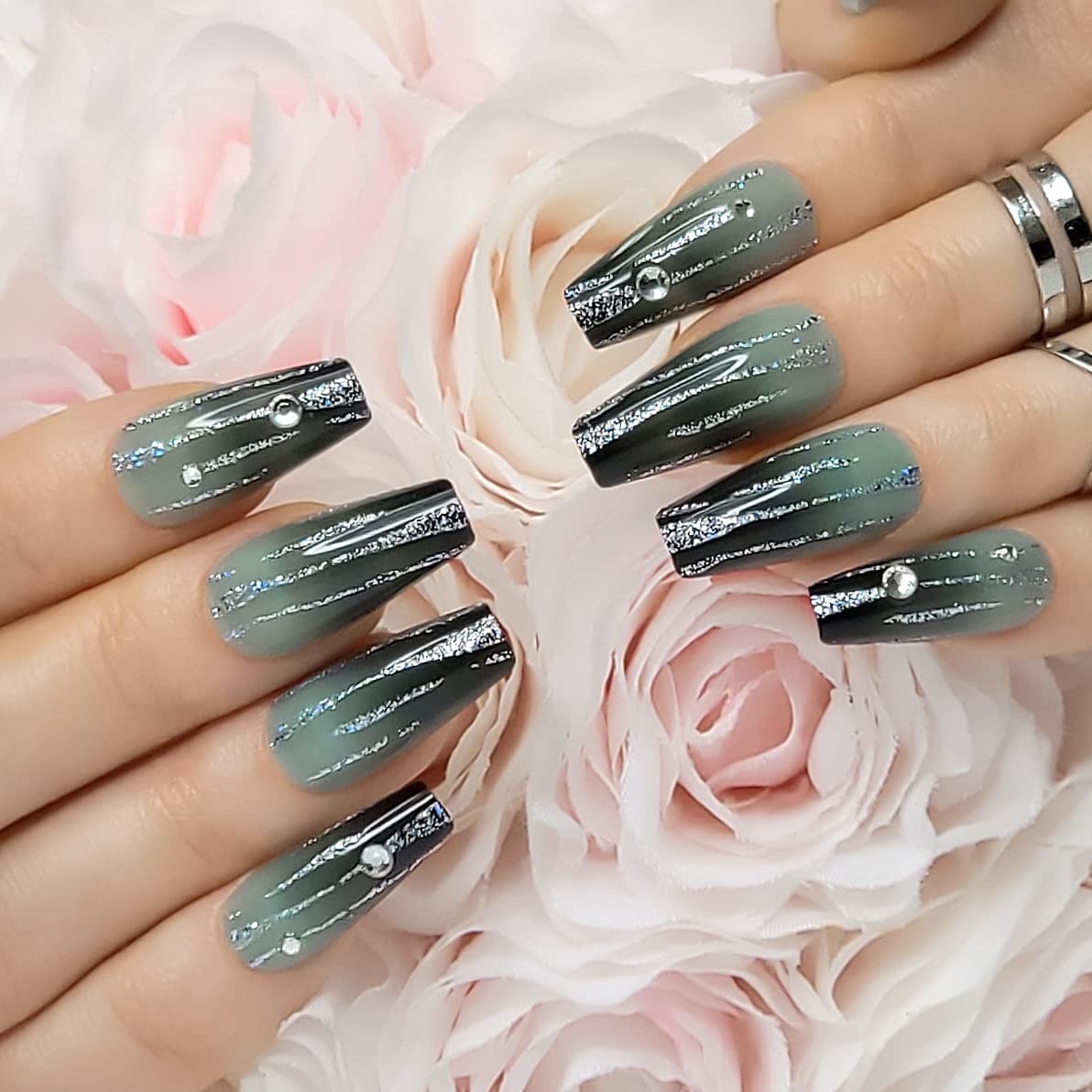 Hypnaughty 24 Pcs LUXE Black to Green Ombre Press on Nails - Glitter & Rhinestone Coffin Fake Nails with Glue - Long Luxury Acrylic Nails for Parties, Weddings & Special Occasions