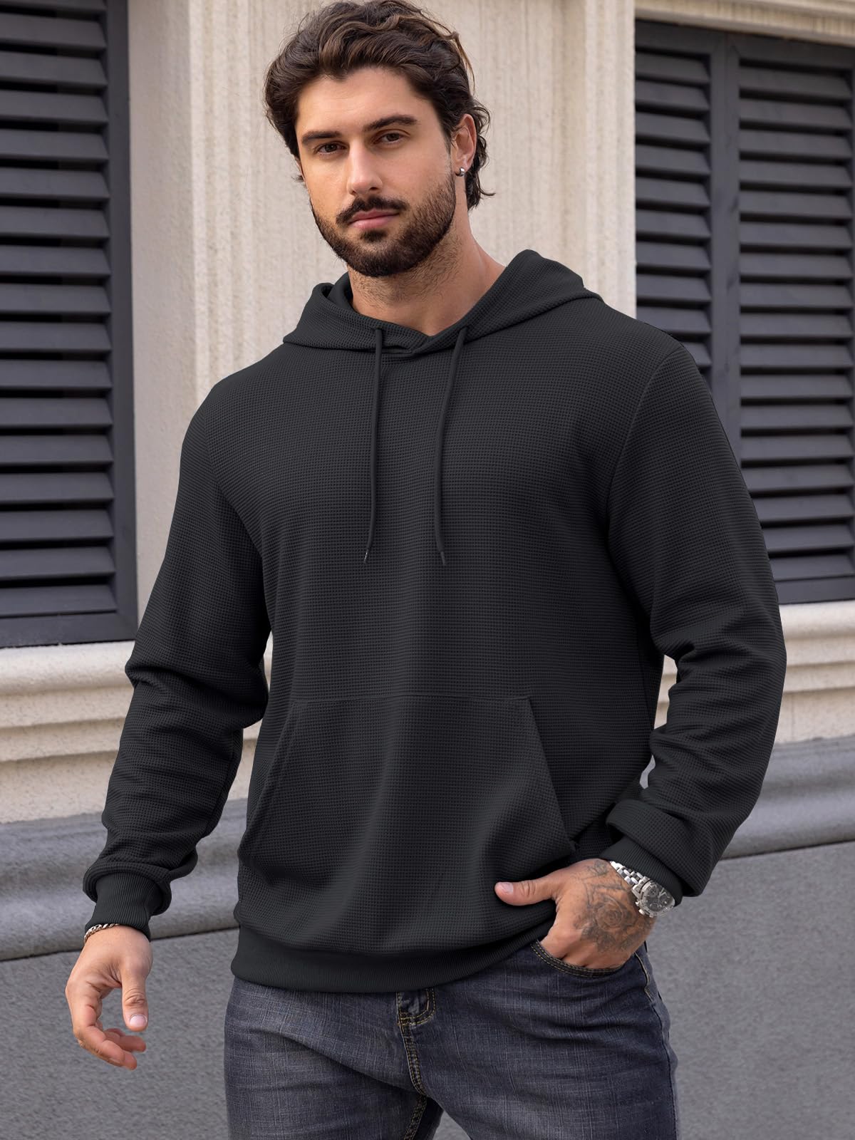 MANSDOUR Men's Casual Long Sleeve Waffle Knit Hoodie with Drawstring & Pocket - Warm Pullover Sweatshirt for Outdoor Activities, Streetwear & Lounge Wear