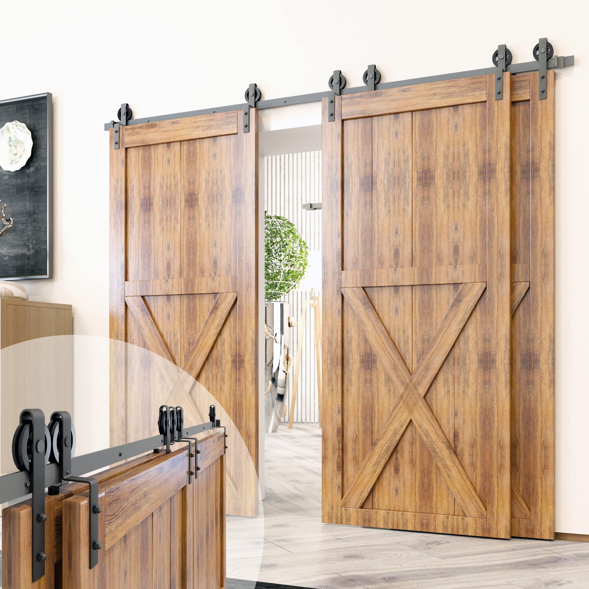 Homacer Black Rustic Single Track Bypass Sliding Barn Door Hardware Kit - 5.5ft Flat Track with Spoke Wheel Design Rollers (1 Flat + 2 Bent Roller Set) for 3 Doors | Perfect for Farmhouse Style Homes, Bedrooms, Closets & Interior Room Dividers