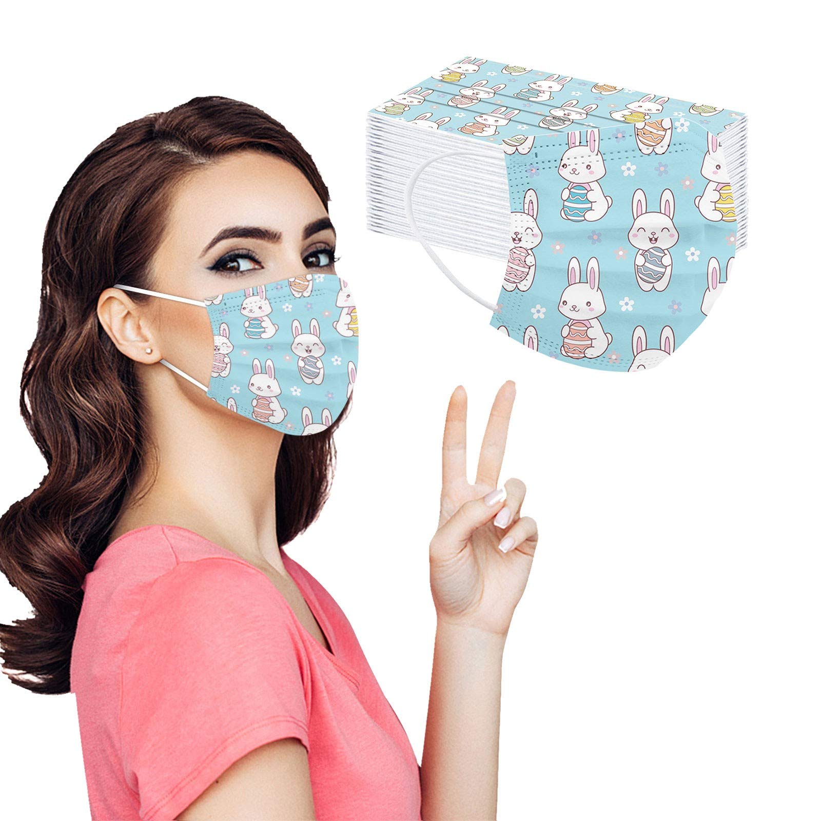 50PCS Easter Disposable Face Masks for Adults - 3-Ply Breathable Protective Face Coverings with Rabbit Print Design - Perfect for Easter Celebrations, Spring Parties & Holiday Gatherings