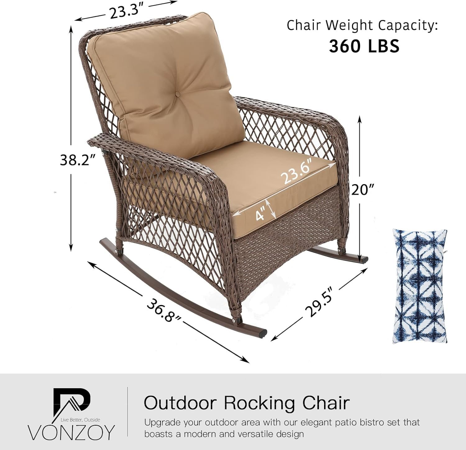 Outdoor Wicker Rocking Chair with Thick Cushions - Patio Furniture Set for Porch, Backyard & Garden - Comfortable Khaki Rocker (1 Pack) - Perfect for Relaxing, Reading & Enjoying Nature
