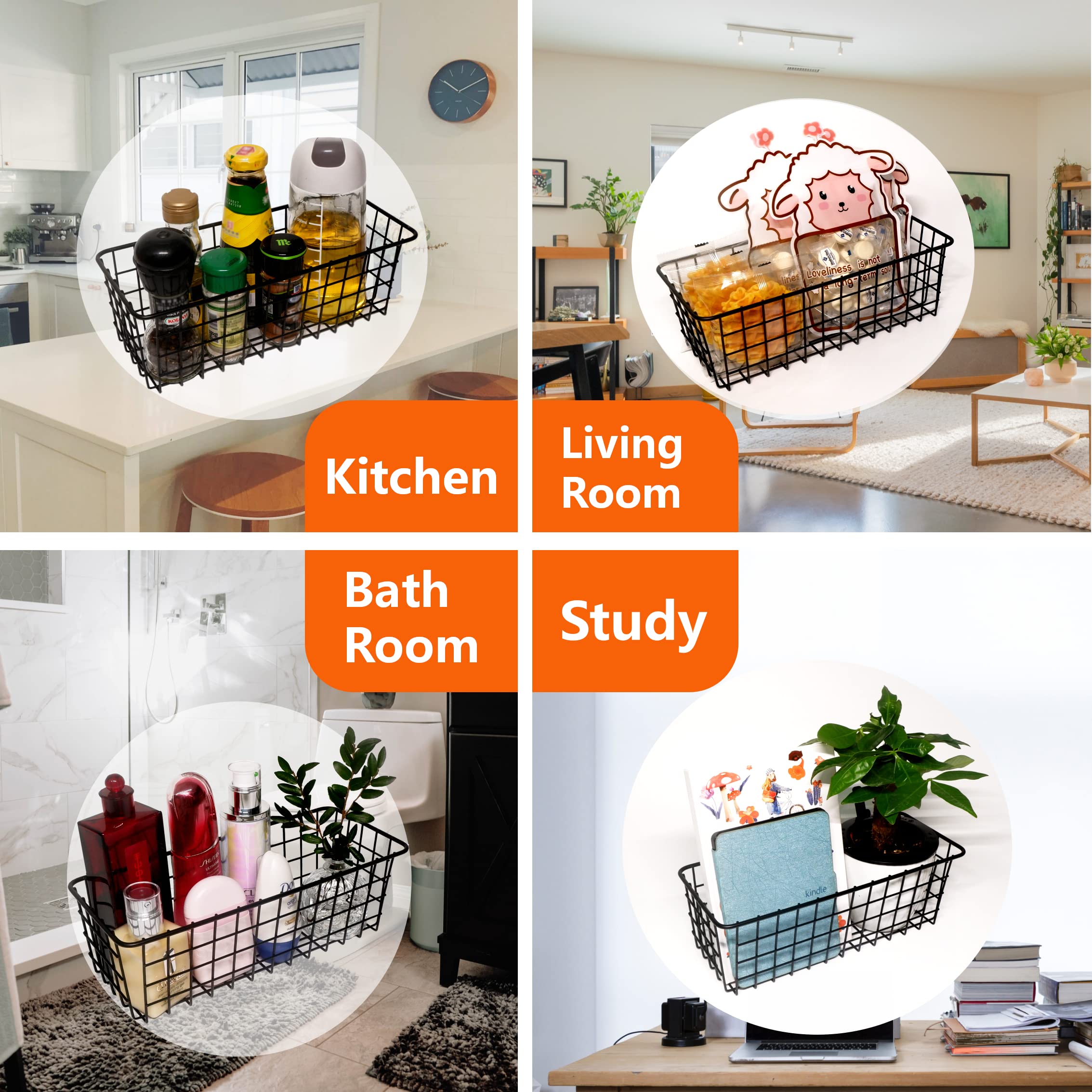 Joben Oligey 6-Piece Hanging Wire Basket Set (2 Sizes) - Wall Mount No Drill Adhesive Metal Storage Bins for Kitchen, Pantry, Laundry, Bathroom, Closet & Garage - Rustic Farmhouse Black Mesh Organizer - Perfect for Fruits, Vegetables, Spices & Household Items
