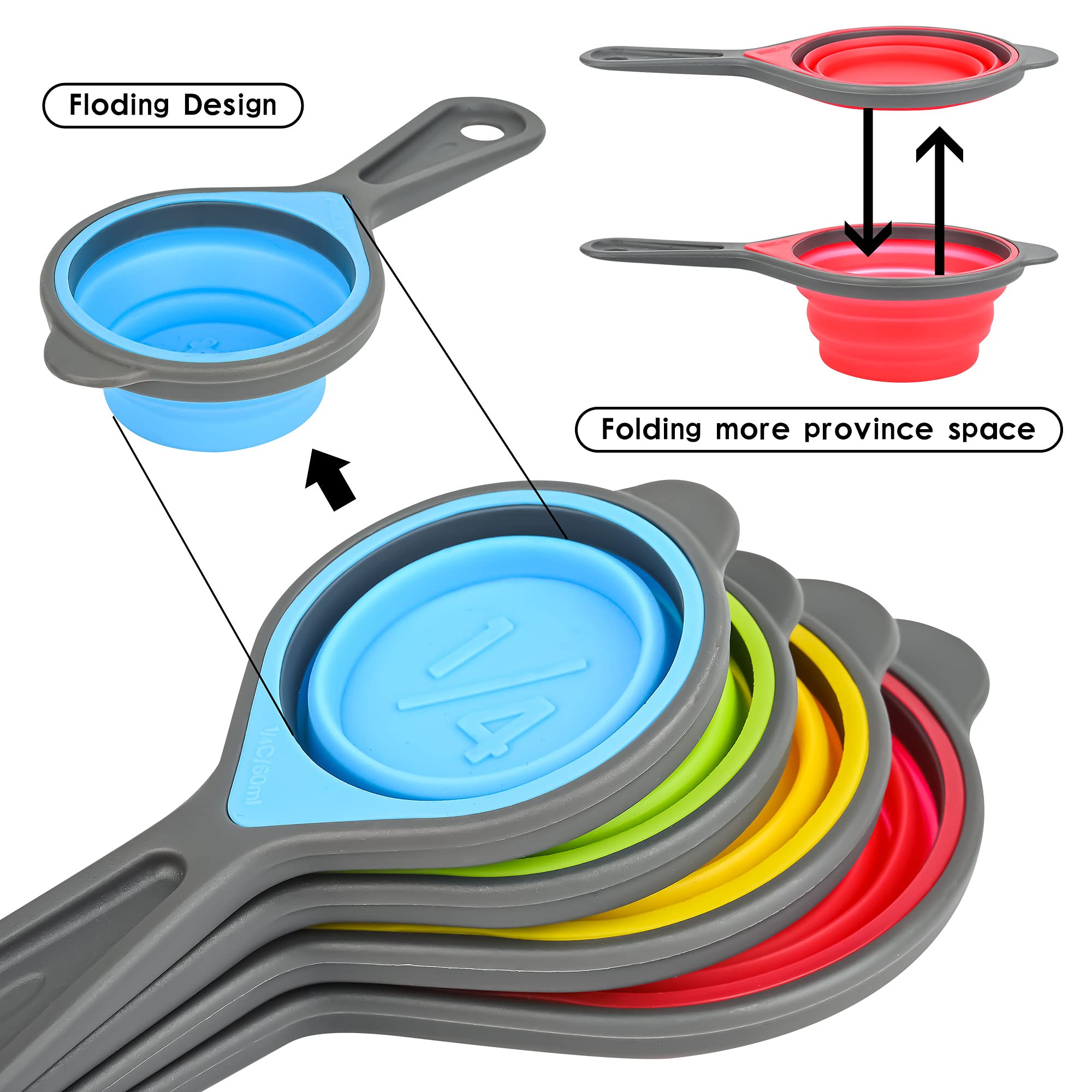 BPA-Free Silicone Collapsible Measuring Cups & Spoons Set - 8pc (4 Cups + 4 Spoons) with Engraved Metric & US Measurements - Space-Saving Kitchen Essentials for Baking, Cooking & Meal Prep - Blue