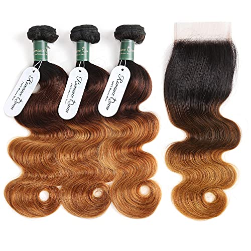 Romance Queen Ombre Human Hair Bundles with Closure - 3 Bundles Body Wave Weave in 3-Tone T1B/4/30 (22
