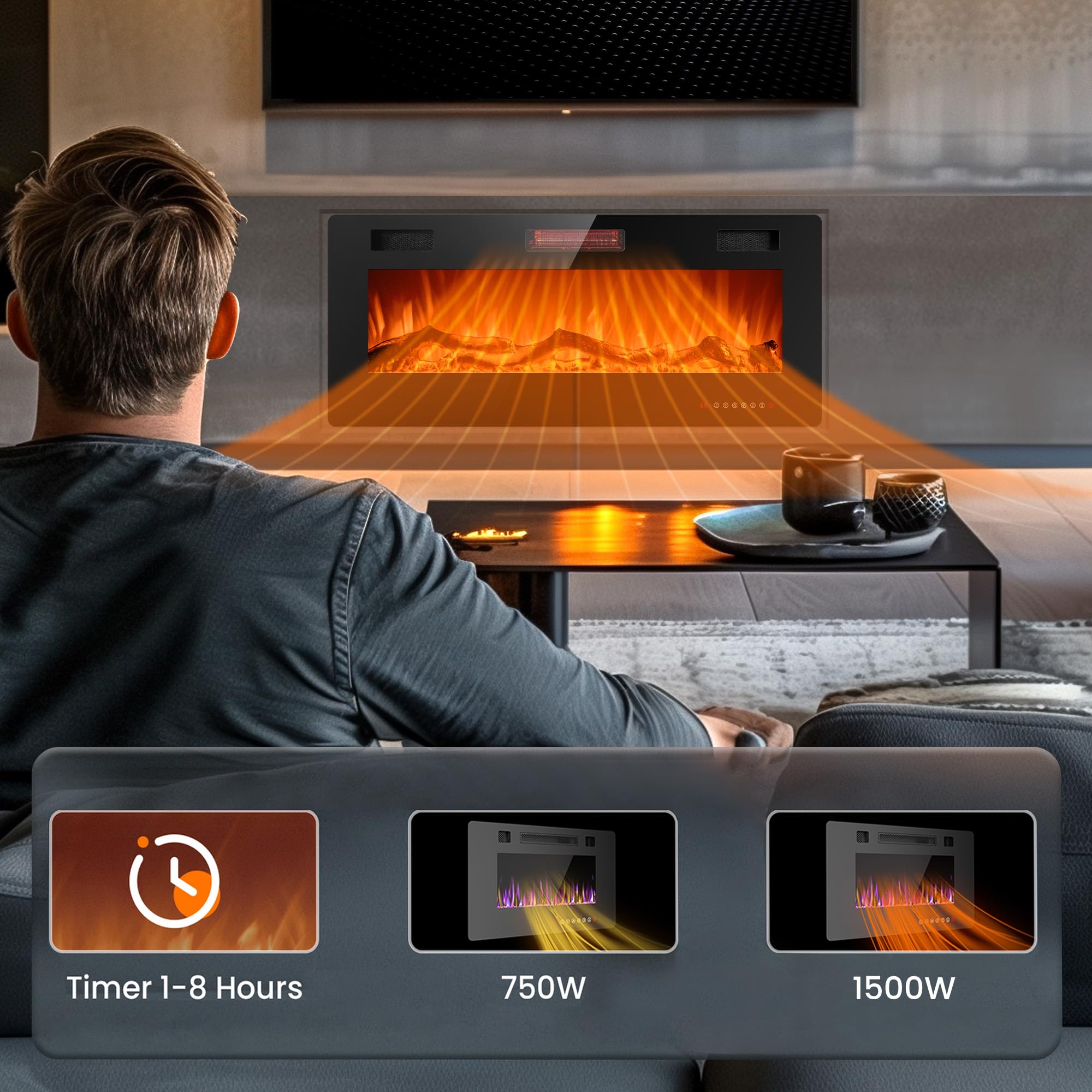 42 Inch Electric Fireplace Insert - Recessed or Wall Mounted 750W/1500W Heater with Touch Screen & Remote Control - Adjustable Flame Color/Speed & Timer - Perfect for Living Room, Bedroom & Office
