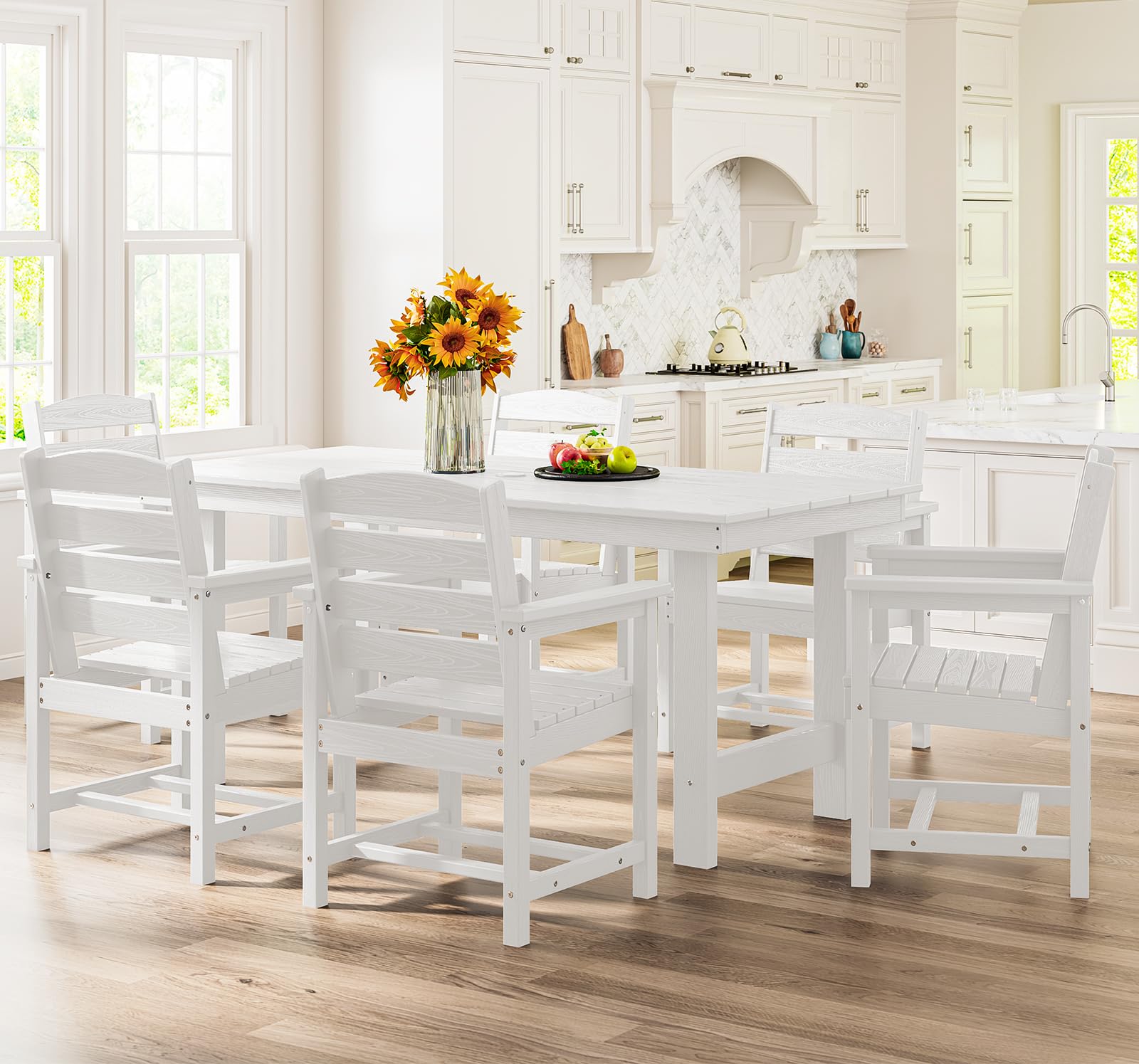 SERWALL 7-Piece Outdoor Dining Set - HDPE Patio Table with Umbrella Hole & 6 Chairs, White - Perfect for Backyard, Garden, and Poolside Entertaining