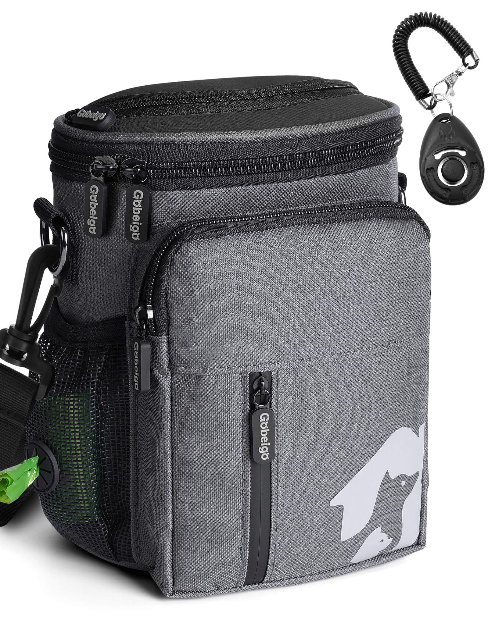 Gobeigo 8 Cup Dog Treat Pouch with Poop Bag Dispenser - 3-Way Adjustable Training & Walking Treat Bag for Dogs, Large Phone Pocket (Gray & Black) - Perfect for Outdoor Adventures, Dog Parks & Daily Walks