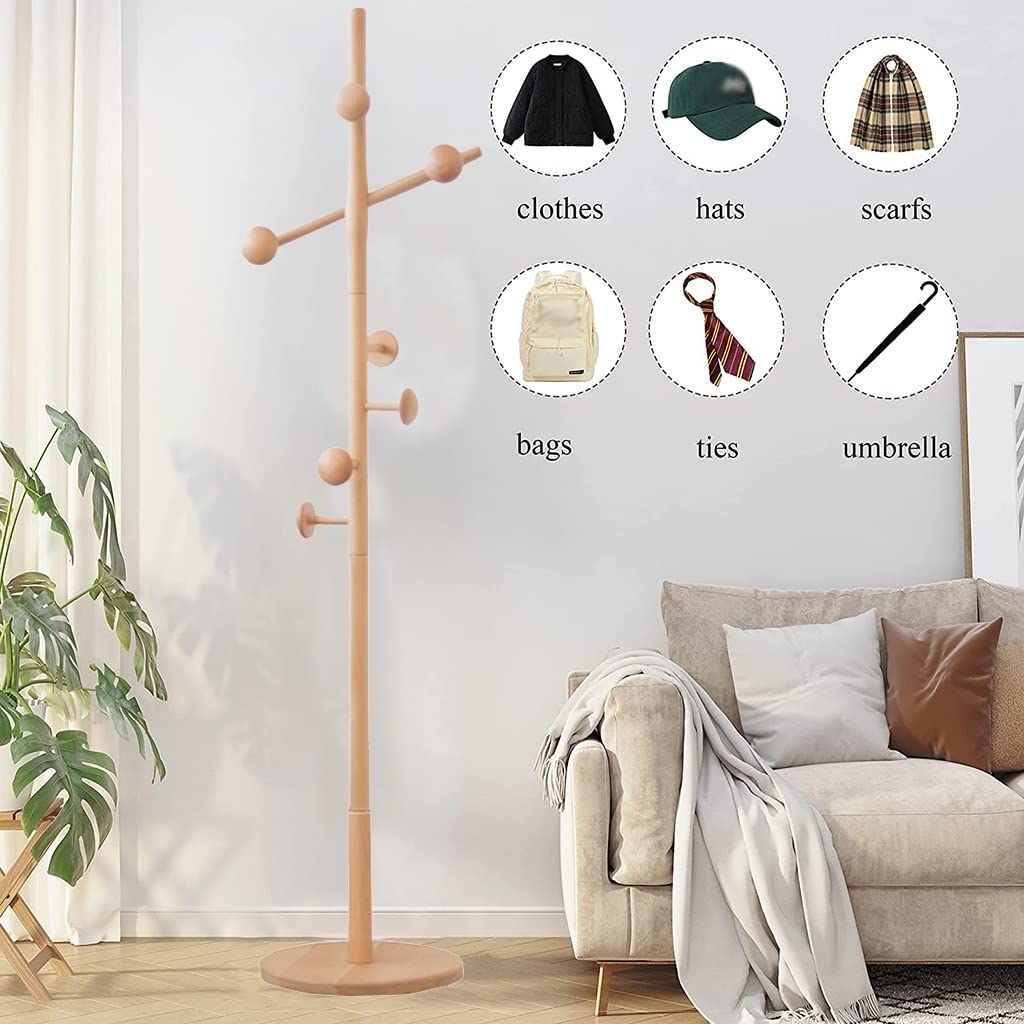 GIZNXBA Heavy Duty Wooden Coat Rack Freestanding - Kids Coat Hanger Stand with Round Base for Entryway, Hallway, Home & Office - Perfect for Coats, Jackets, Hats & Purses (Brown, Size B) - Ideal for Small Spaces, Apartments & Mudroom Organization