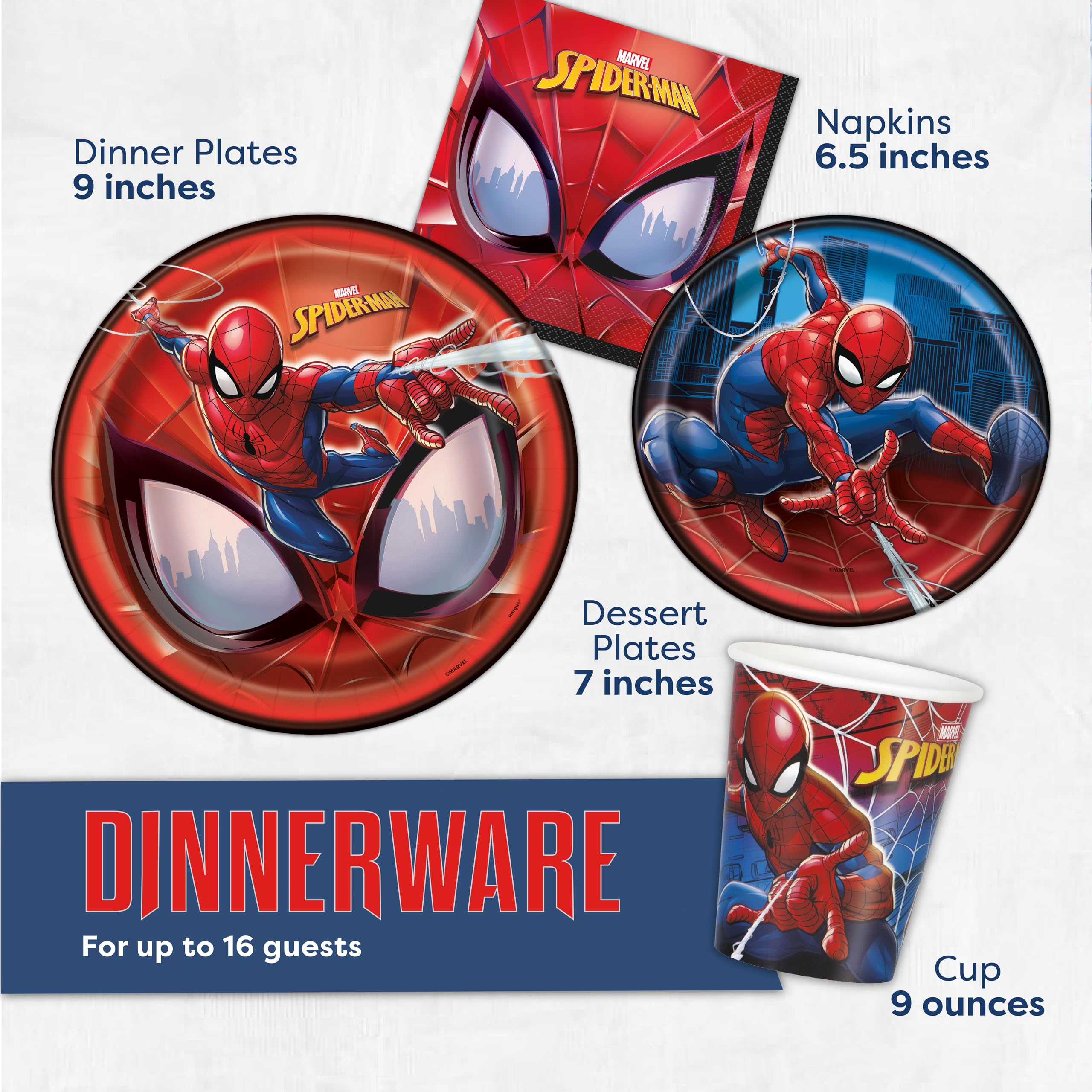 **Spider-Man Birthday Party Supplies Set for 16 Guests - Includes Dinner Plates, Cake Plates, Cups, Napkins & Buttons | Perfect for Kids' Superhero Themed Parties & Decorations**