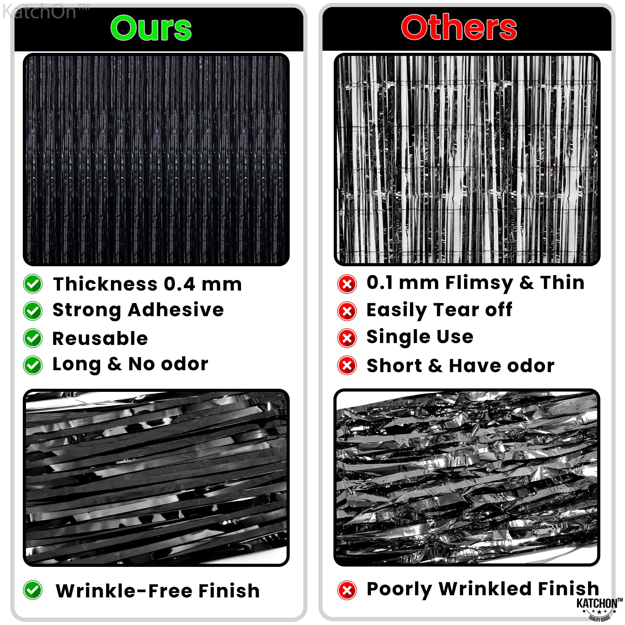 KatchOn XtraLarge Black Foil Streamers - 3.2x8 Feet, Pack of 2 | Shiny Black Backdrop for Birthday & Graduation Decorations 2025 | Party Supplies, Photo Booth Background, Stage Decor | Perfect for Events, Weddings, Baby Showers