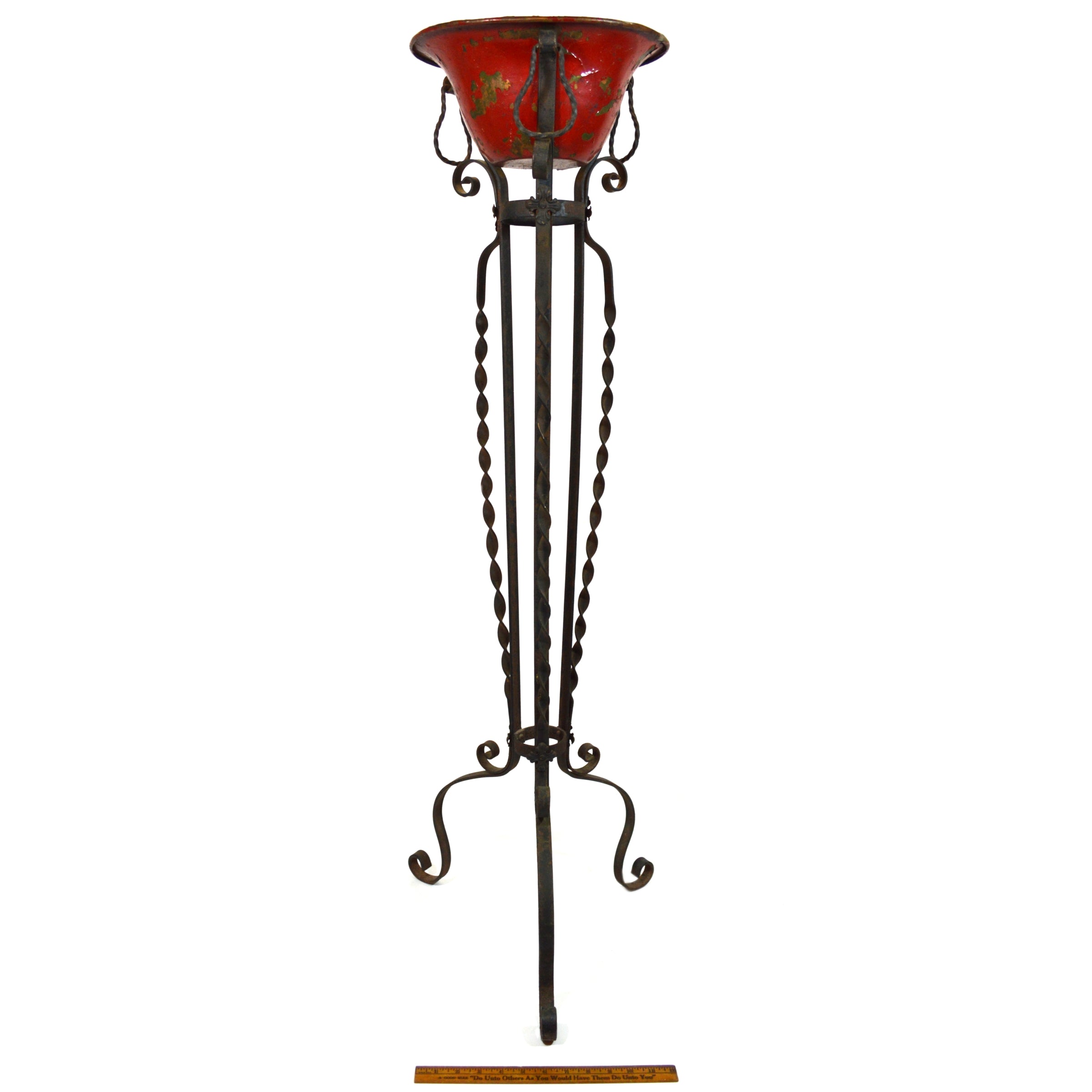 Antique Wrought Iron Fern Stand with Vintage Red Paint & Copper Bowl - Arts & Crafts Style Plant Holder for Home Decor, Garden, or Patio