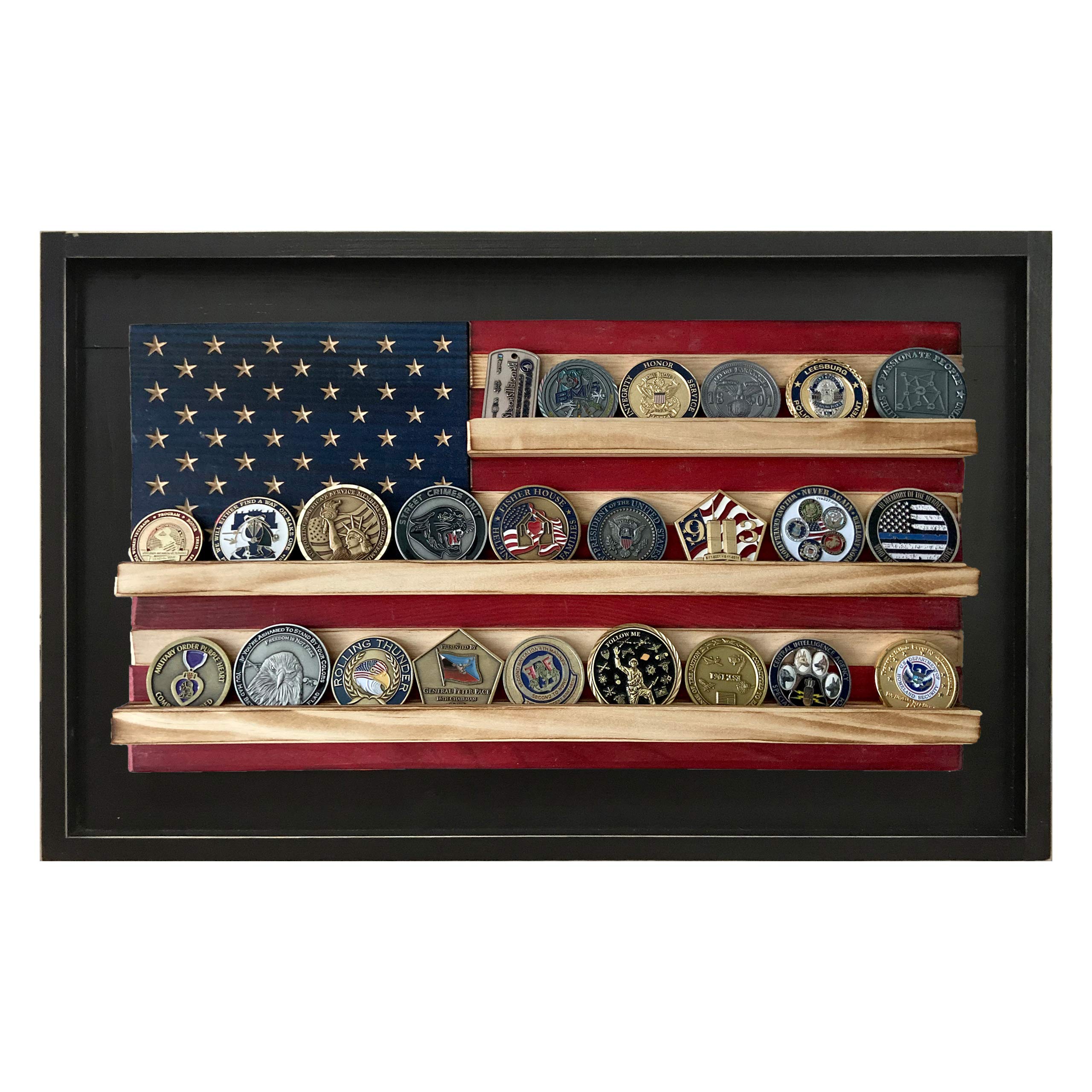 Flags of Valor Framed American Flag Military Challenge Coin Display - Holds 25 Coins, Veteran-Made USA Wall Decor, Ready-to-Hang US Flag (15