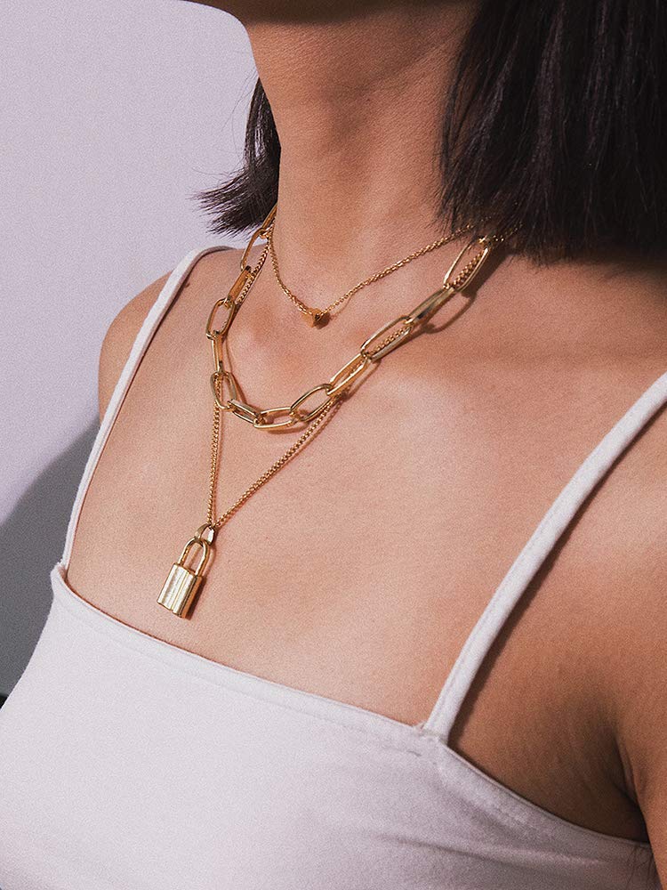 Salircon Silver Layered Necklace - Punk Lock & Key Thick Chain Jewelry for Women & Men | Edgy Gothic Fashion Accessory for Concerts, Parties & Everyday Wear