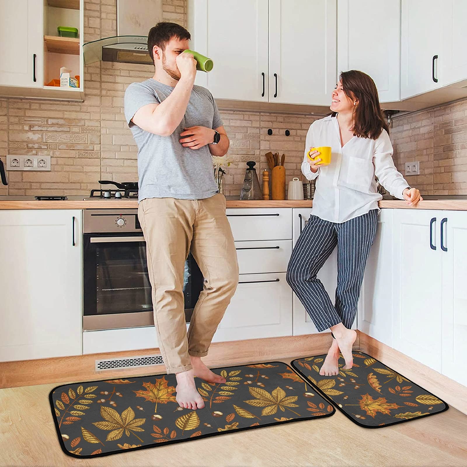 Emelivor Anti-Fatigue Kitchen Mat Set of 2 - Non-Slip Cushioned Memory Foam Rug for Fall/Autumn - Heavy Duty Farmhouse Style Mats for Kitchen, Laundry & Entryway - Perfect for Standing Comfort While Cooking & Cleaning